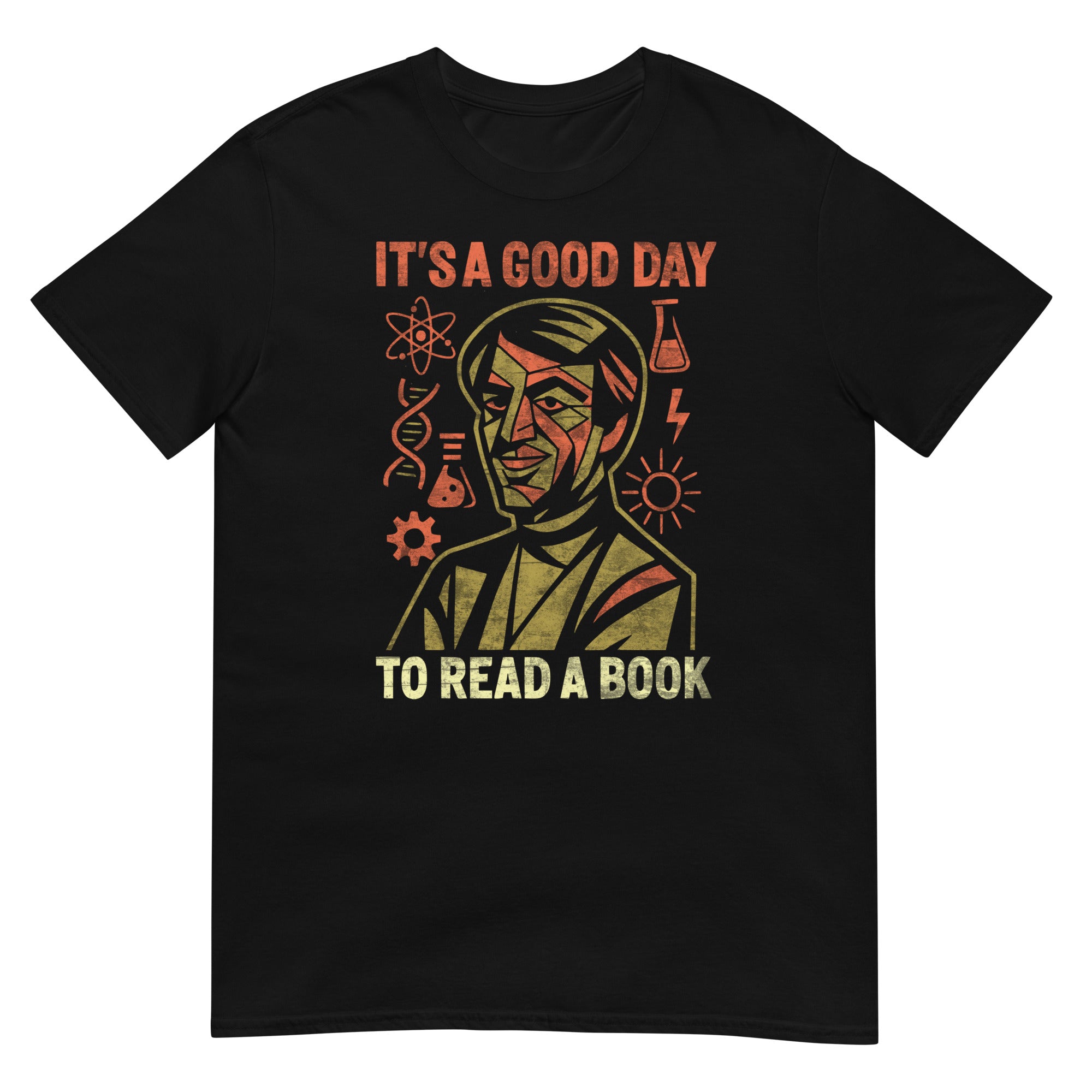 Black T-shirt featuring 'It's a Good Day to Read a Book' design with vintage art style and educational motifs.