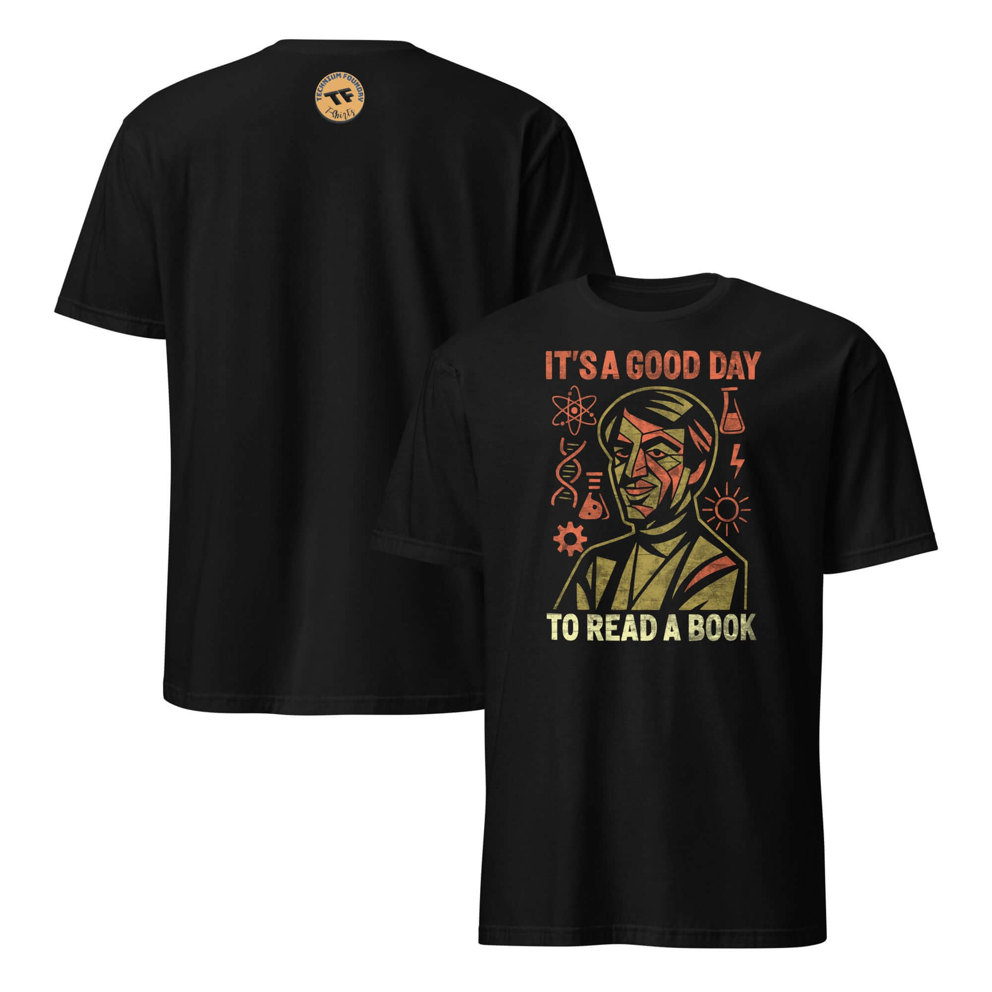 Black t-shirt with a vintage-style design promoting reading, featuring a stylized portrait with the text 'It's a Good Day to Read a Book'.