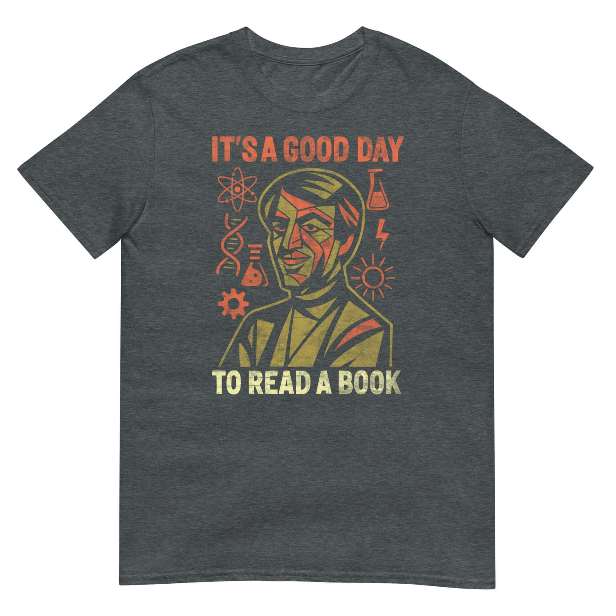 Vintage style 'It's a Good Day to Read a Book' T-shirt with scientific motifs, promoting reading and education.