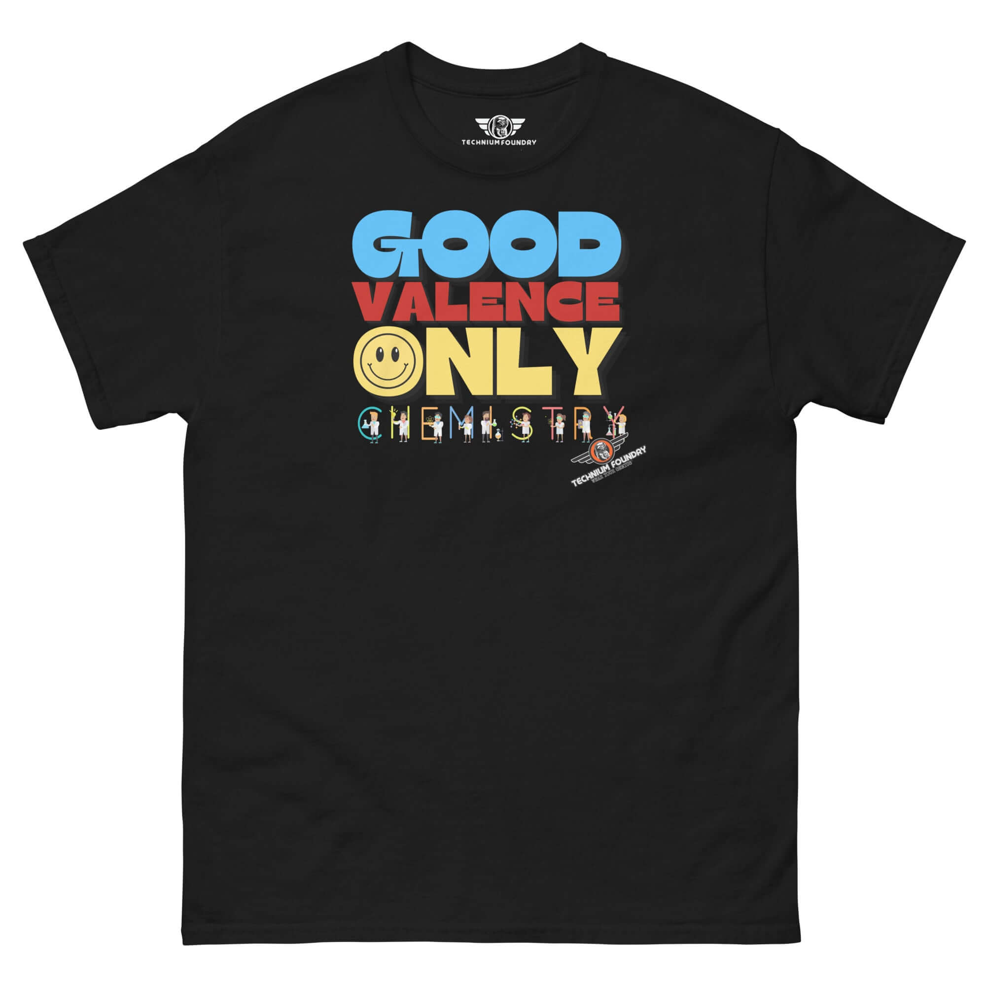 Black t-shirt with 'Good Valence Only Chemistry' design, featuring vibrant retro typography and charming lab scientist graphics.