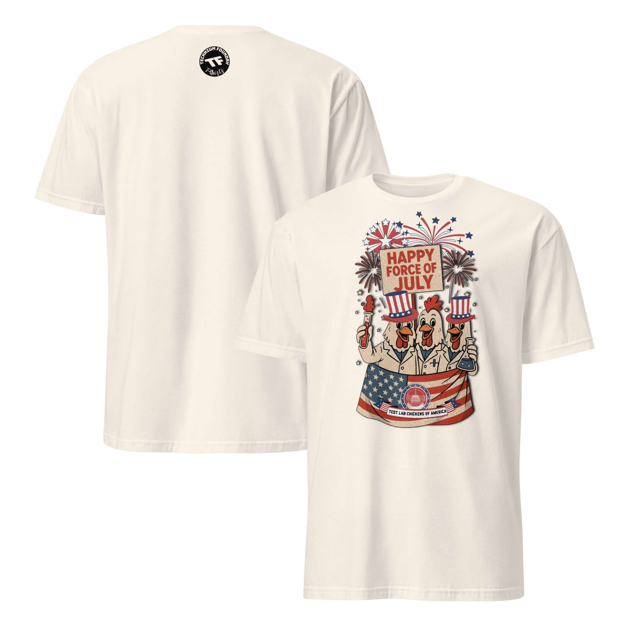 Happy Force of July T-Shirt featuring chickens in patriotic hats, fireworks, and lab theme, ideal for a unique Independence Day celebration.