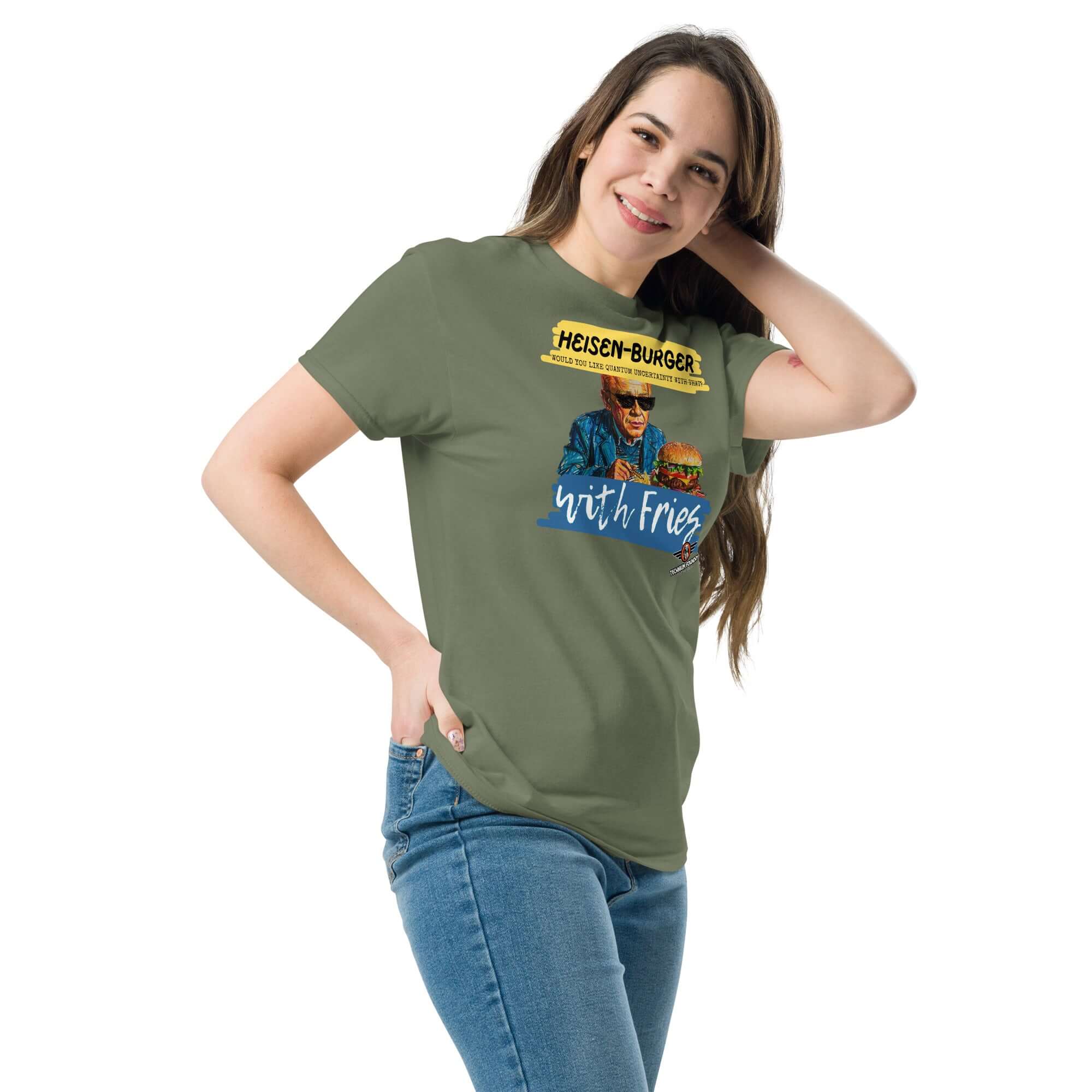 Woman wearing Heisen-burger with Fries T-Shirt from Breaking Physics™ Special Combo, featuring cool Werner Heisenberg design.