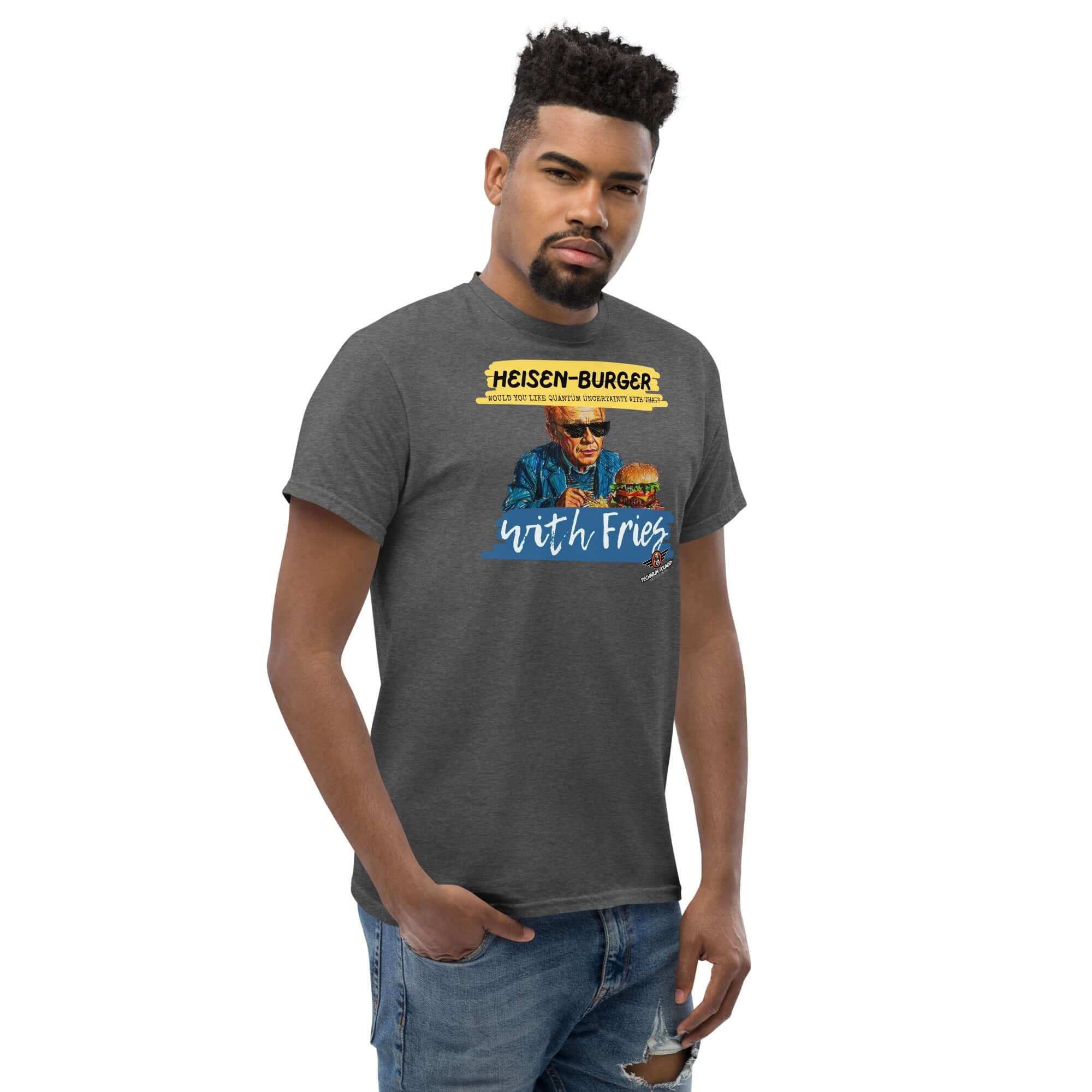 Model wearing Heisen-burger with Fries T-Shirt from Breaking Physics™ Special Combo, featuring cool Werner Heisenberg design.