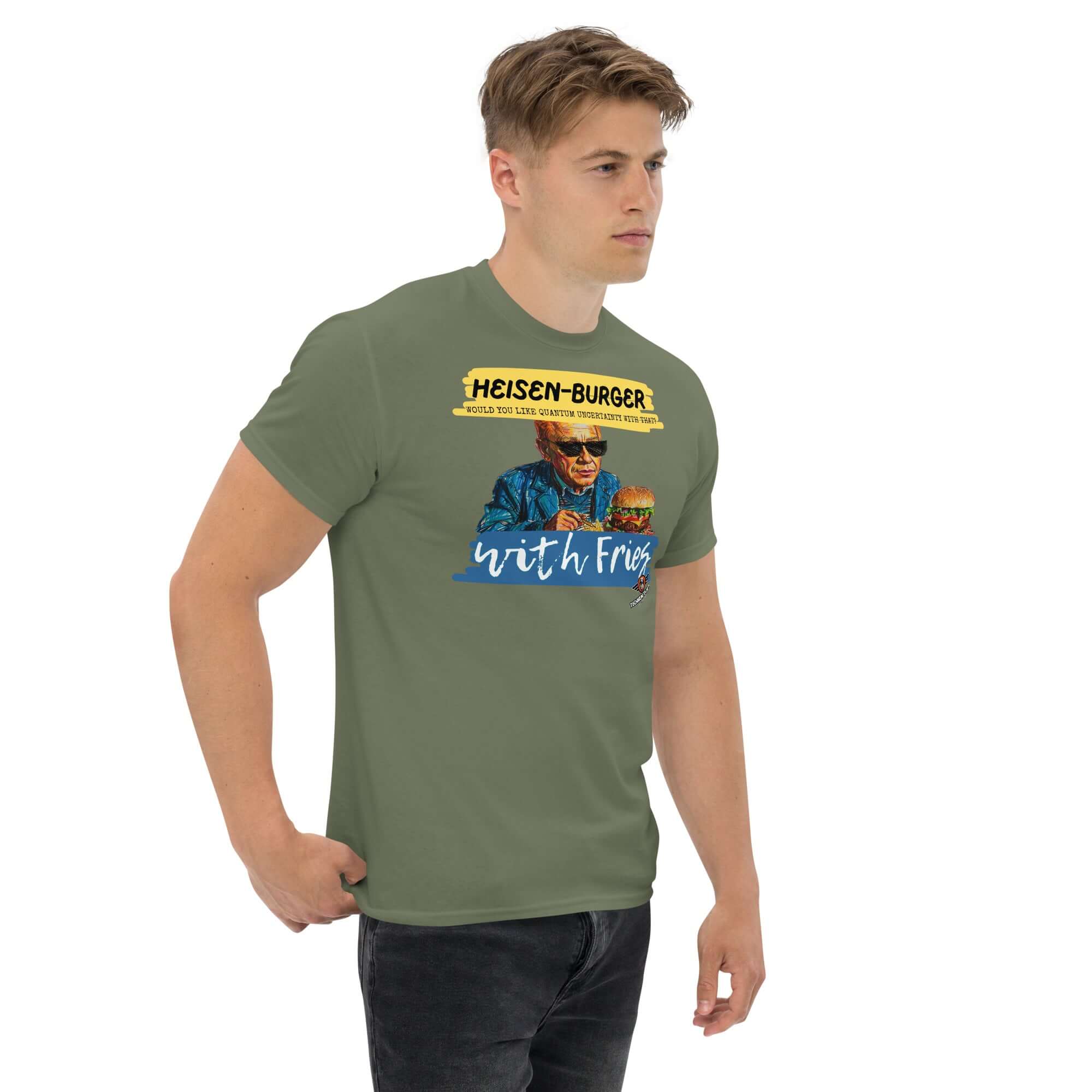 Heisen-burger with Fries T-Shirt featuring Werner Heisenberg graphic; Breaking Physics™ Special Combo in quantum mechanics theme.