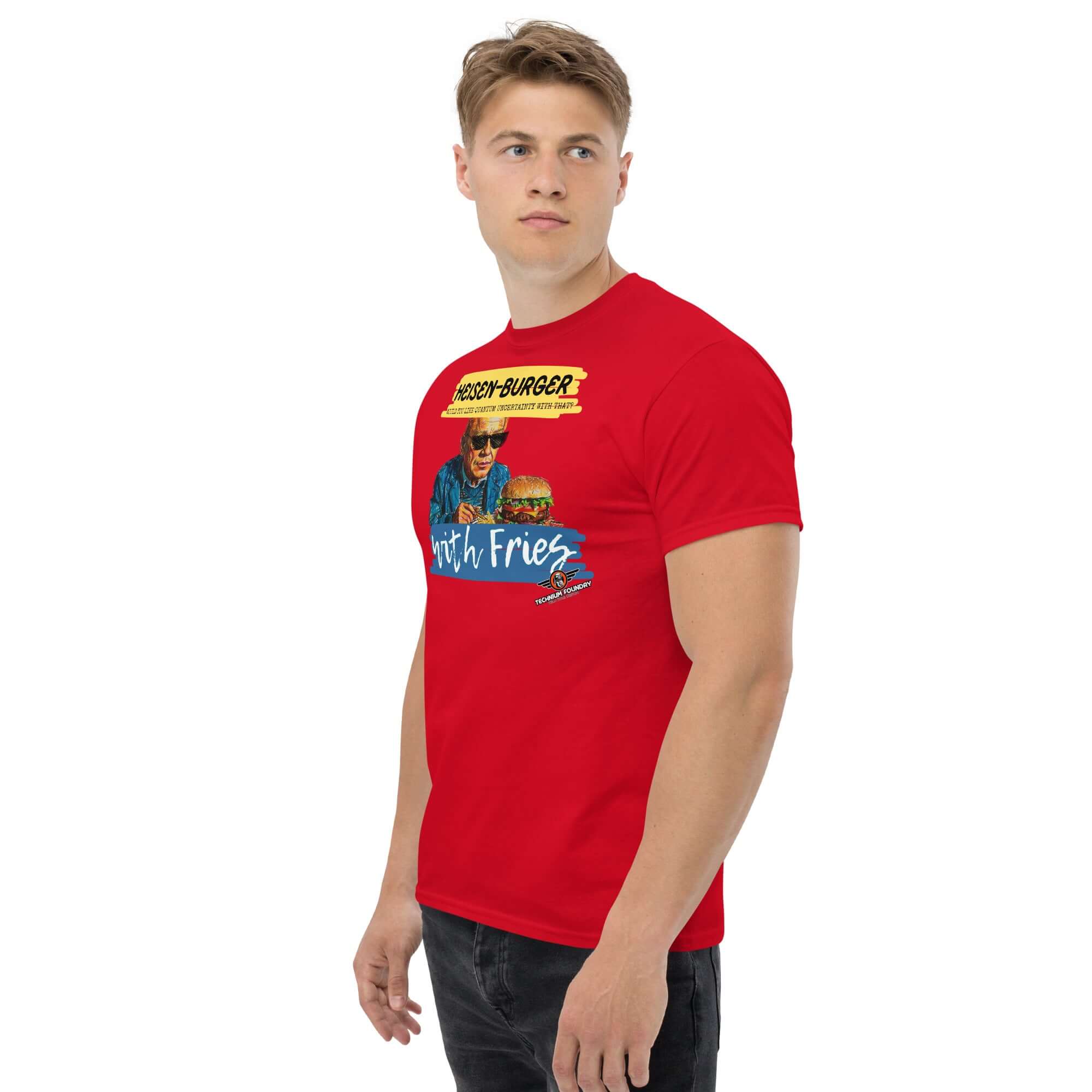 Heisen-burger with Fries T-Shirt featuring Werner Heisenberg design in red, perfect for quantum physics fans | Breaking Physics™ Combo.