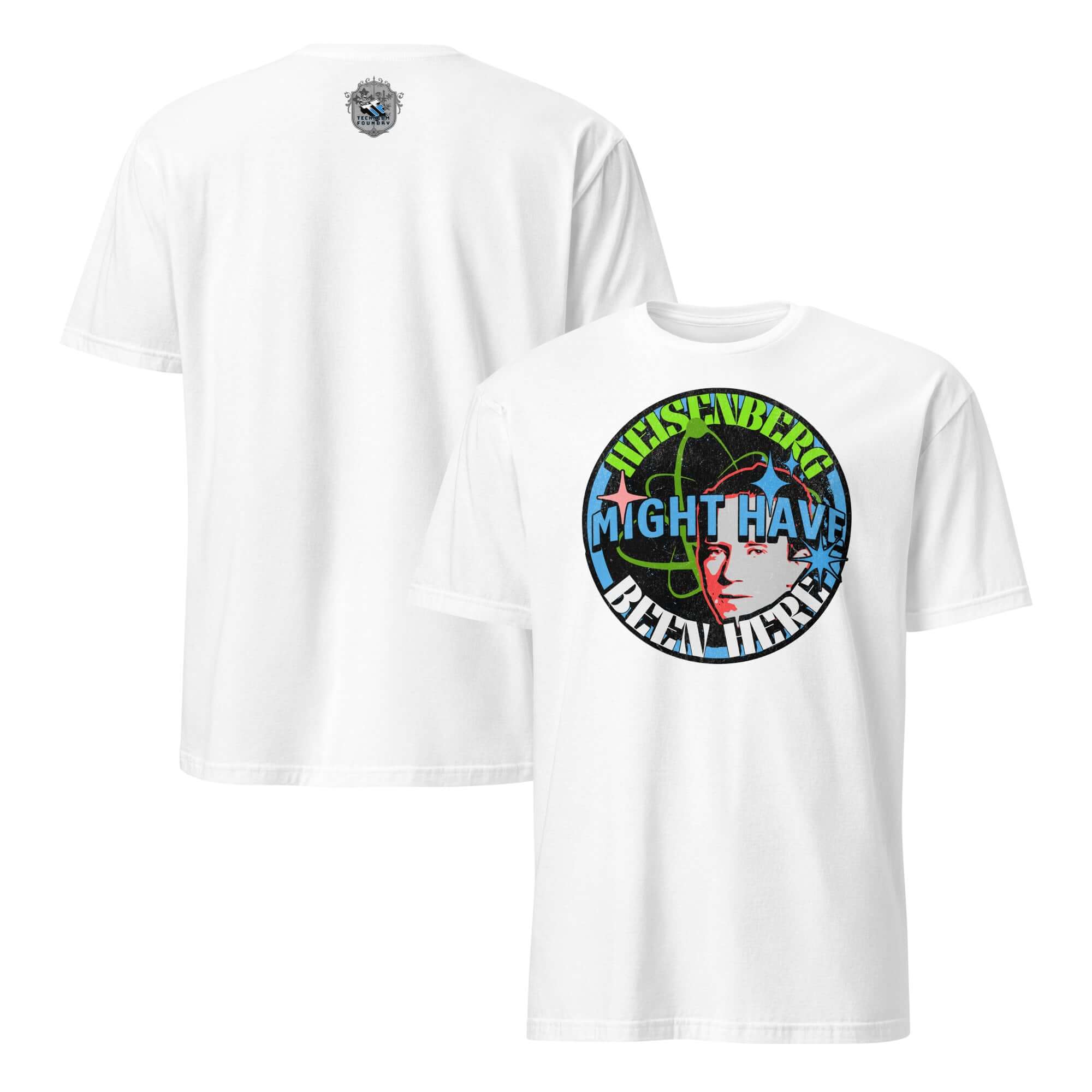 "Heisenberg Might Have Been Here" T-shirt featuring quantum physics humor and retro atomic design.