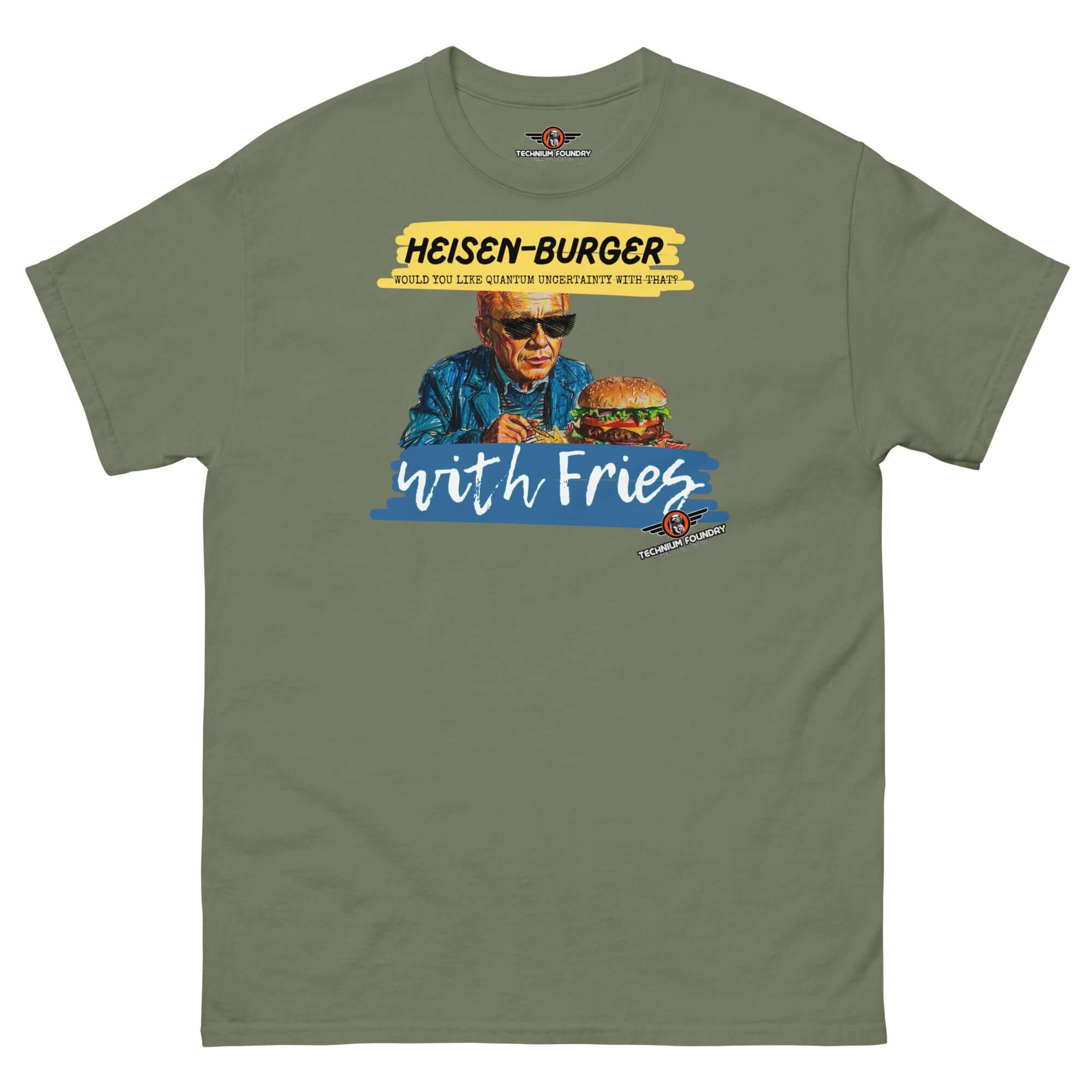 Heisen-burger with Fries T-Shirt; Quantum physics themed apparel from Breaking Physics™ featuring Heisenberg enjoying a burger.