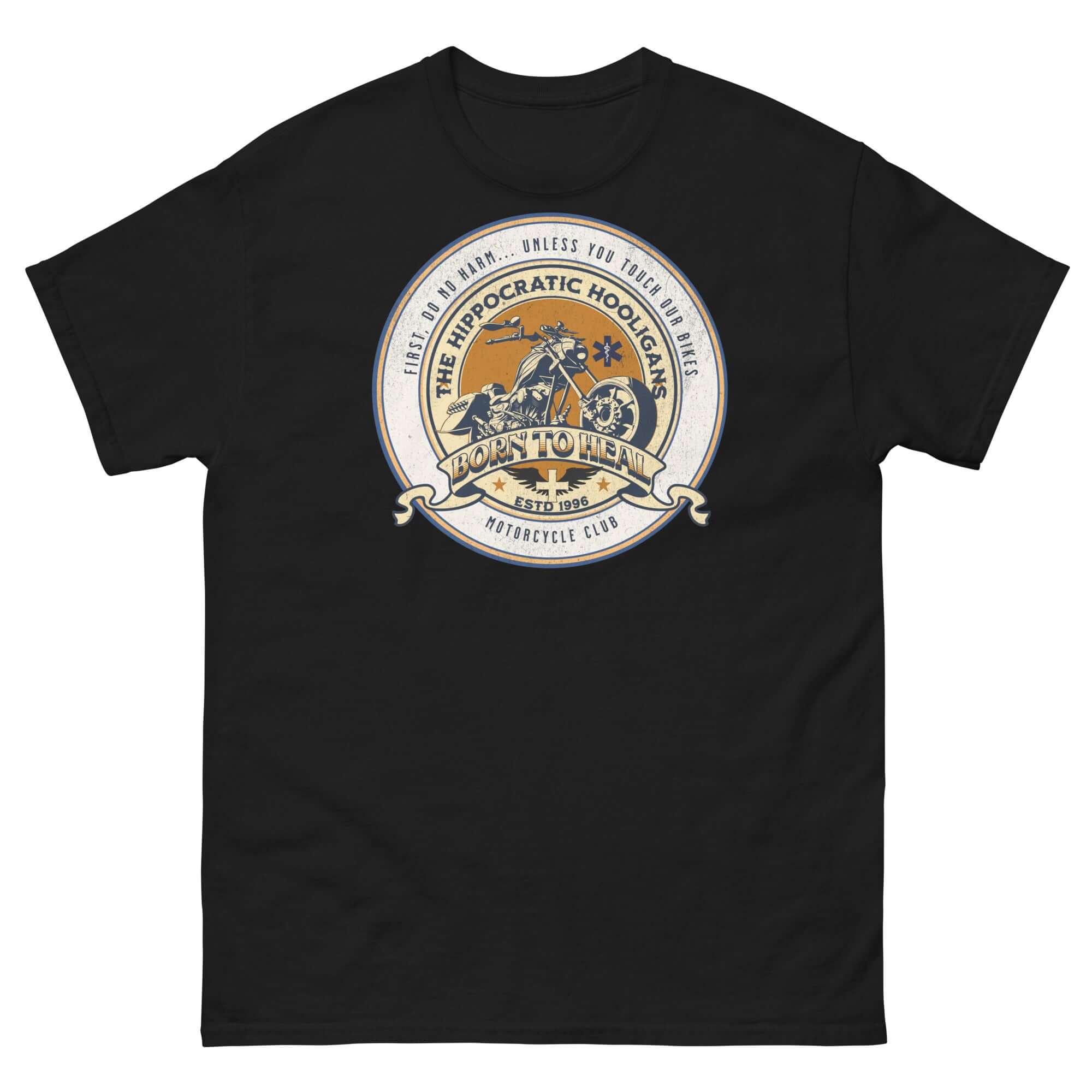 Hippocratic Hooligans Motorcycle Club T-Shirt with vintage biker patch design, blending medicine and motorcycle culture on black tee.