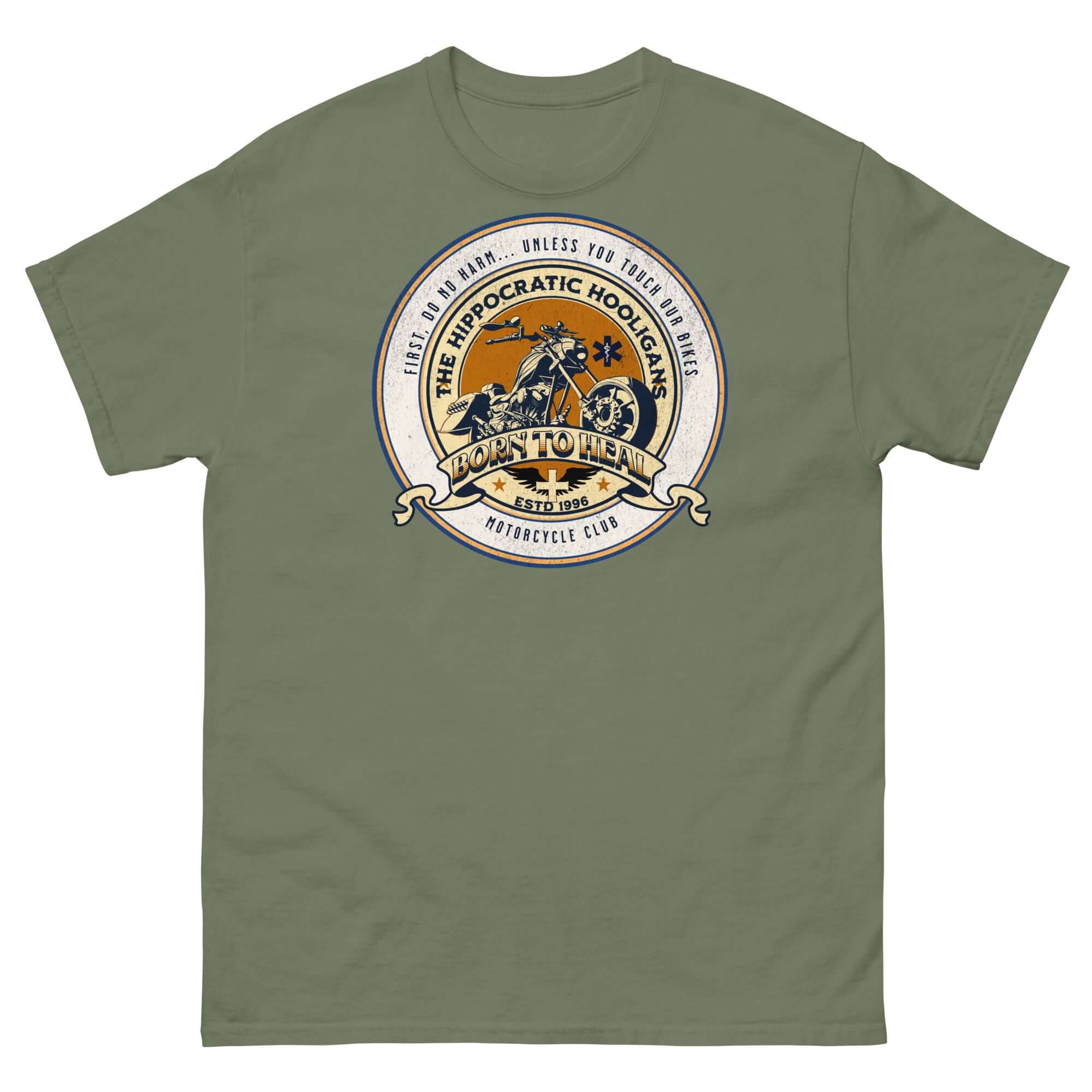 Khaki Hippocratic Hooligans Motorcycle Club T-Shirt with biker patch design and 'Born to Heal' text.