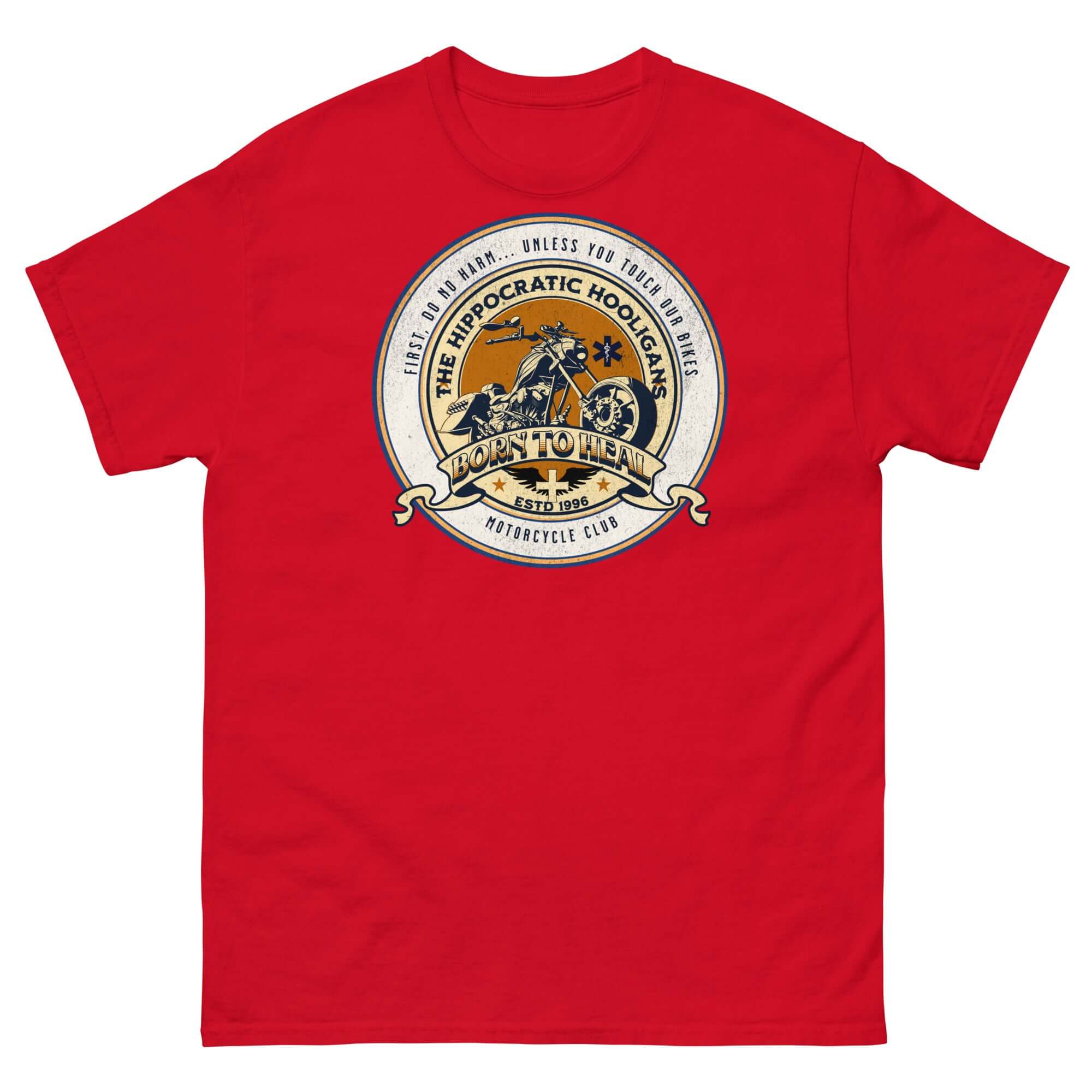 Red "Hippocratic Hooligans Motorcycle Club" T-shirt with vintage biker patch design, celebrating duality of medicine and motorcycle culture.