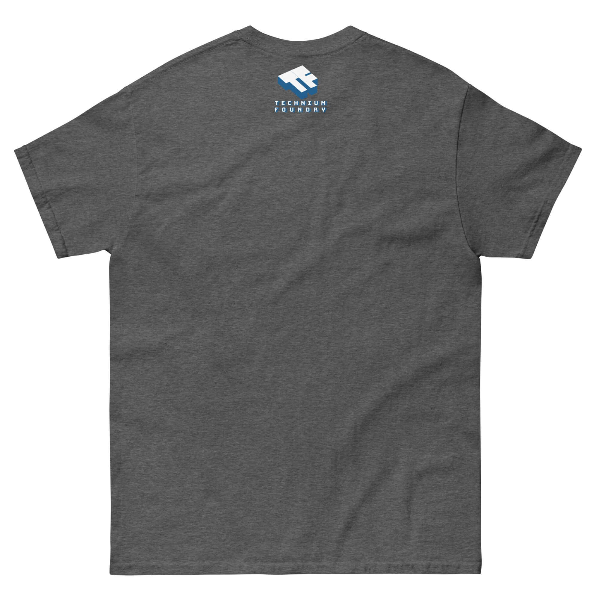 Back view of charcoal t-shirt with tech logo, showcasing minimalist style and humorous HTML break design, perfect for coders.