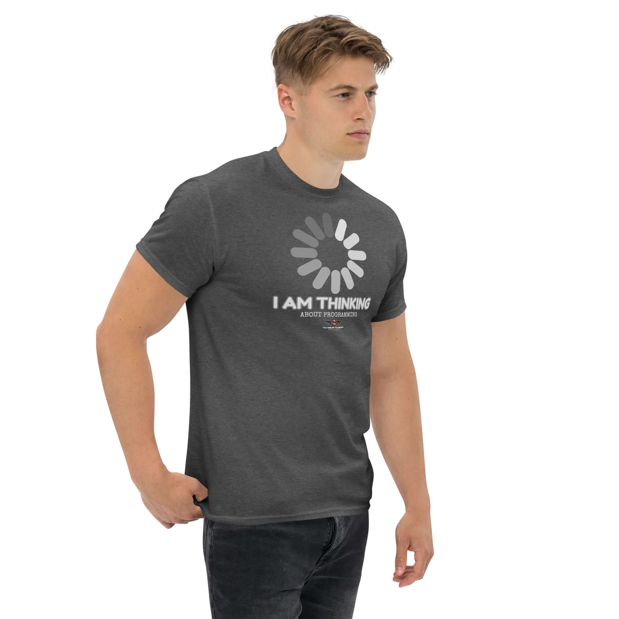 Alt Tag: Grey "I Am Thinking About Programming" t-shirt modeled by a person, featuring a loading screen design for coders.