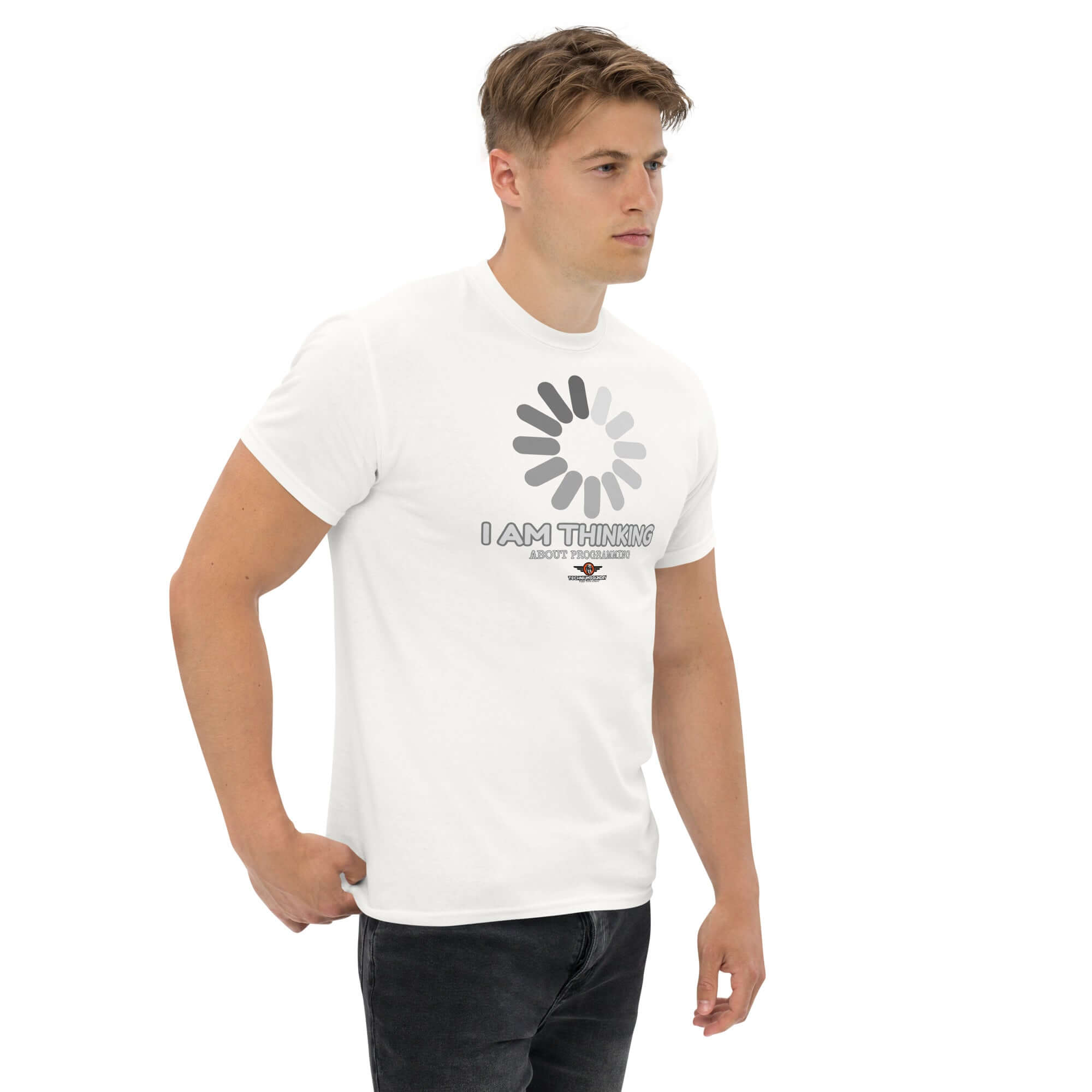 White t-shirt with 'I Am Thinking About Programming' loading screen graphic, worn by a model, ideal for programmers in a coding mindset.