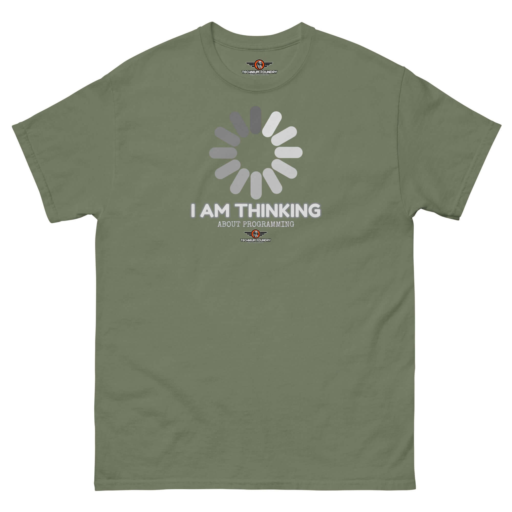 I Am Thinking About Programming Loading Screen T-Shirt in olive green with a minimalist loading screen design.