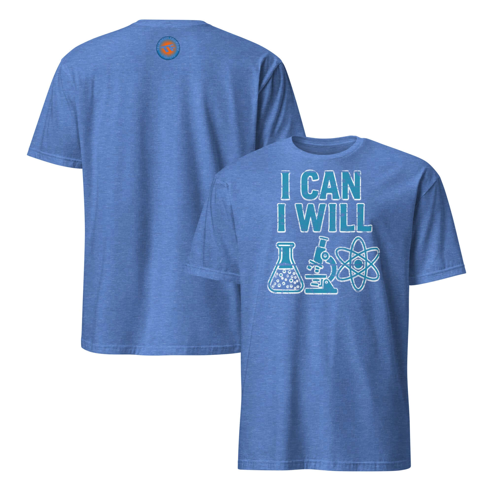 Blue scientific motivation t-shirt featuring "I CAN I WILL" with lab equipment graphic, ideal for science enthusiasts.