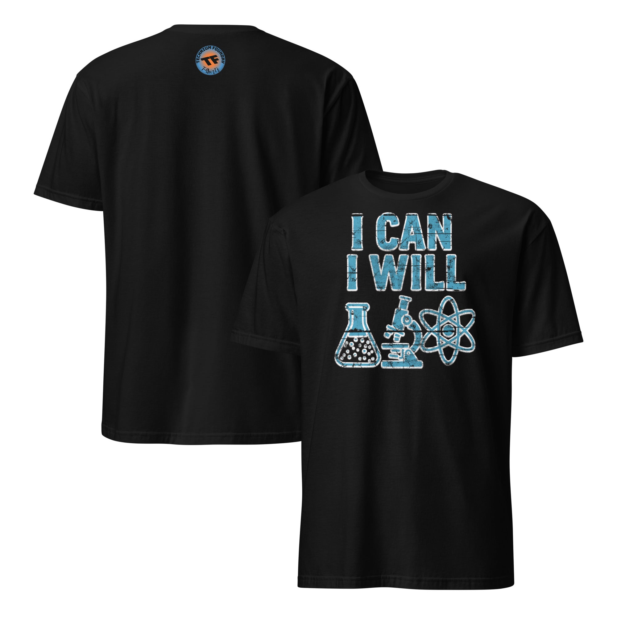 "I Can I Will" science motivational t-shirt with laboratory imagery and atomic structure graphic on black apparel.