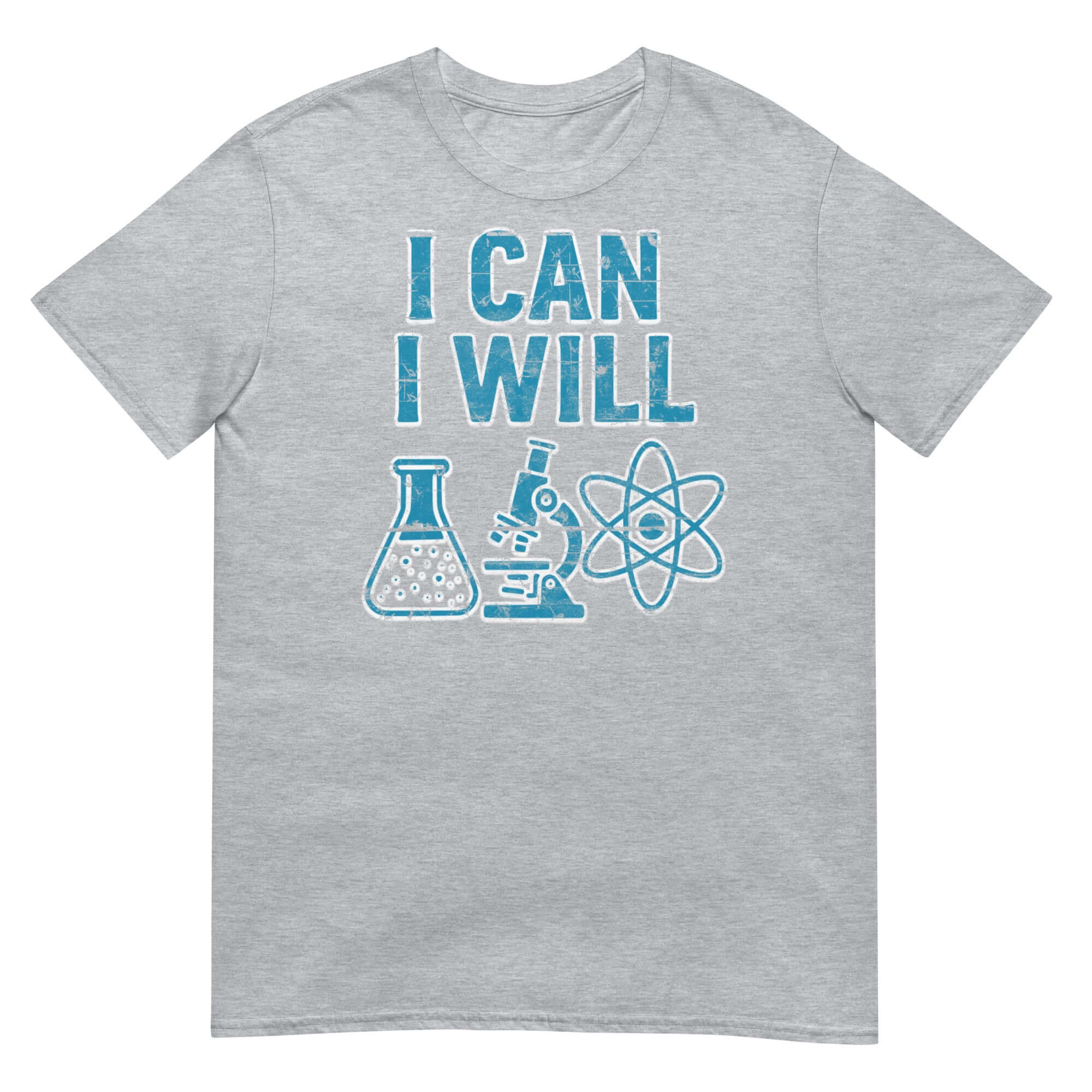 I Can I Will Science T-Shirt with scientific graphics, including beaker, microscope, and atomic structure, for motivational apparel.