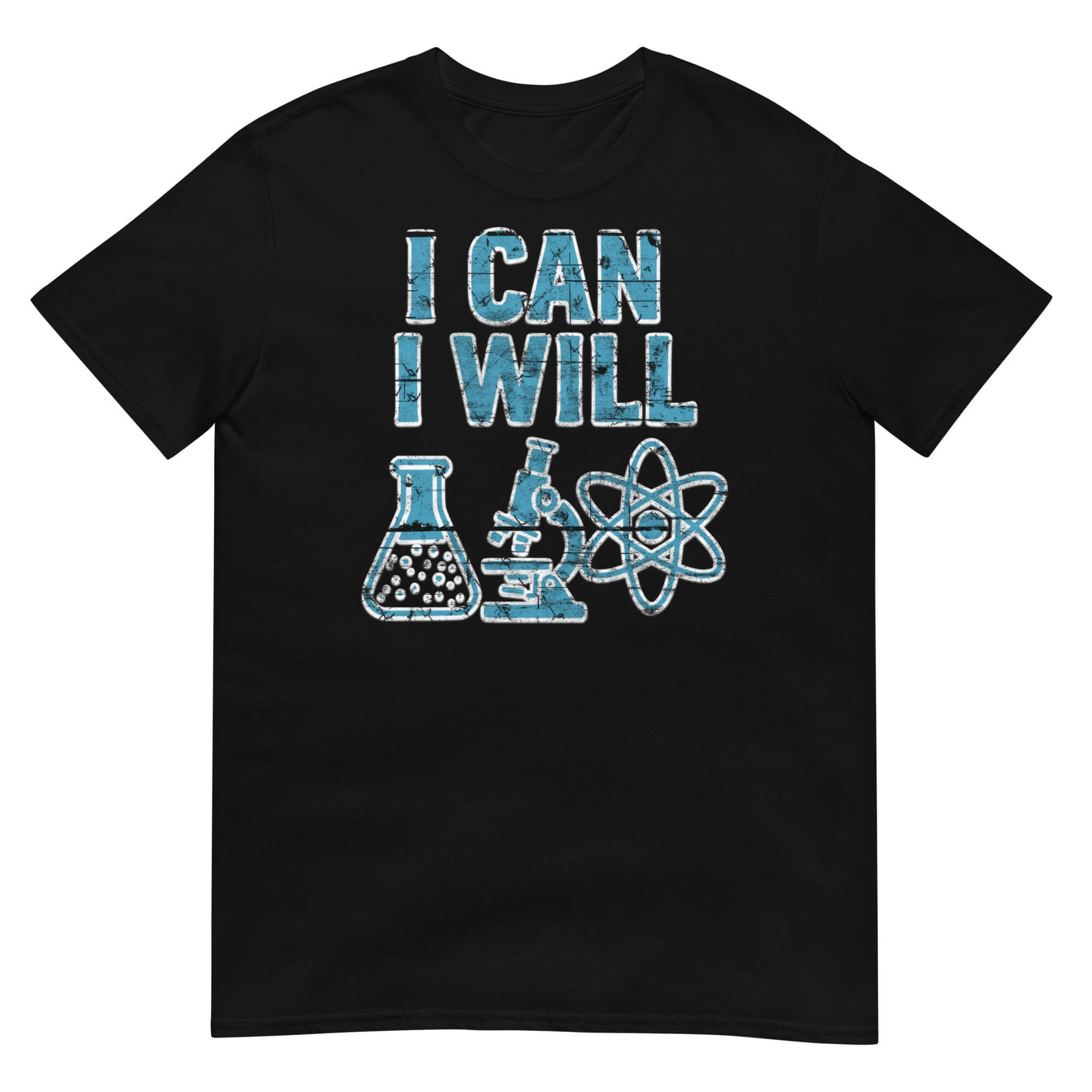 Science T-shirt with "I Can I Will" text, featuring lab equipment - flask, microscope, and atomic symbol, design in blue.