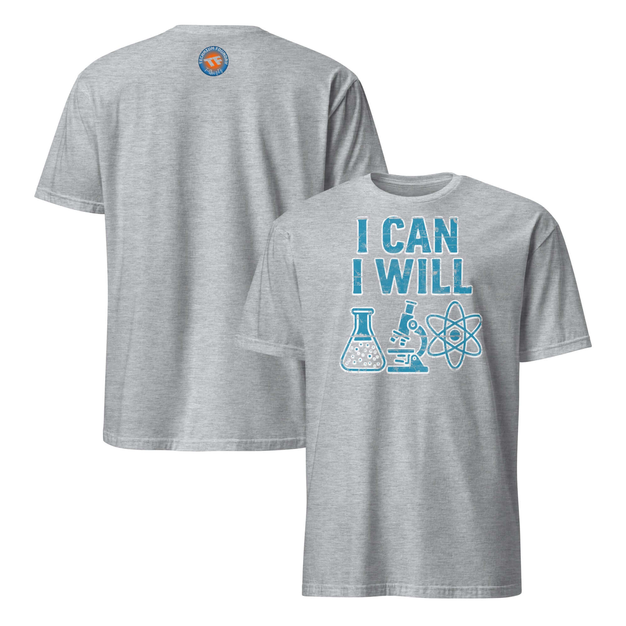 "I Can I Will" Science T-Shirt with lab equipment graphics, featuring beaker, microscope, and atom icons for scientific motivation.