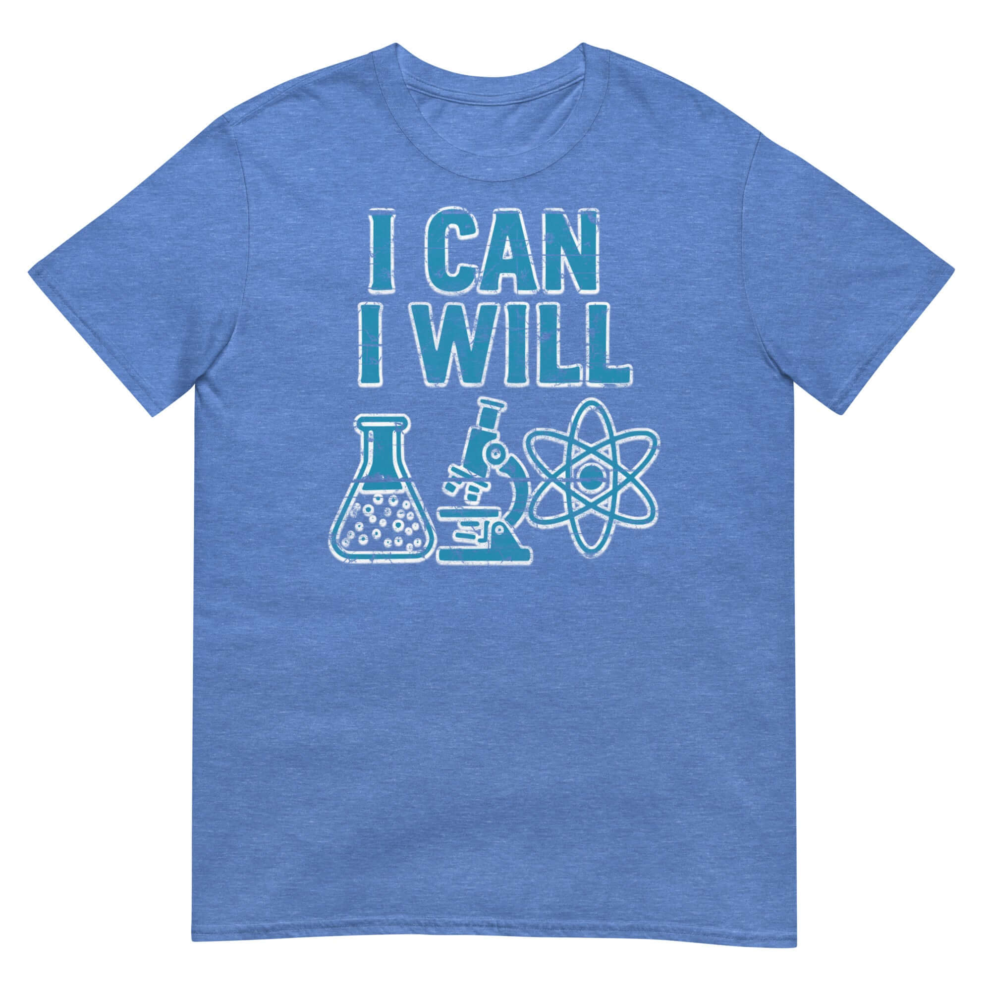 Blue 'I Can I Will' Science T-Shirt with Beaker, Microscope, and Atom Icons for Laboratory Motivation and Scientific Enthusiasm