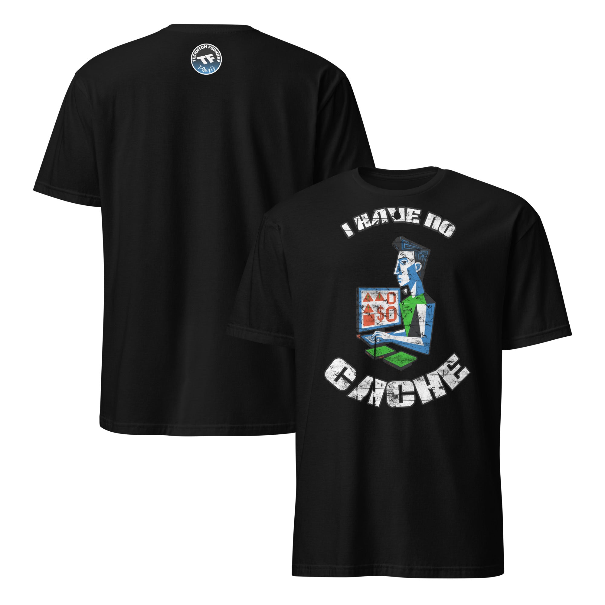 "I Have No Cache" T-Shirt with programming and finance humor, black shirt with comic design, perfect for tech enthusiasts.
