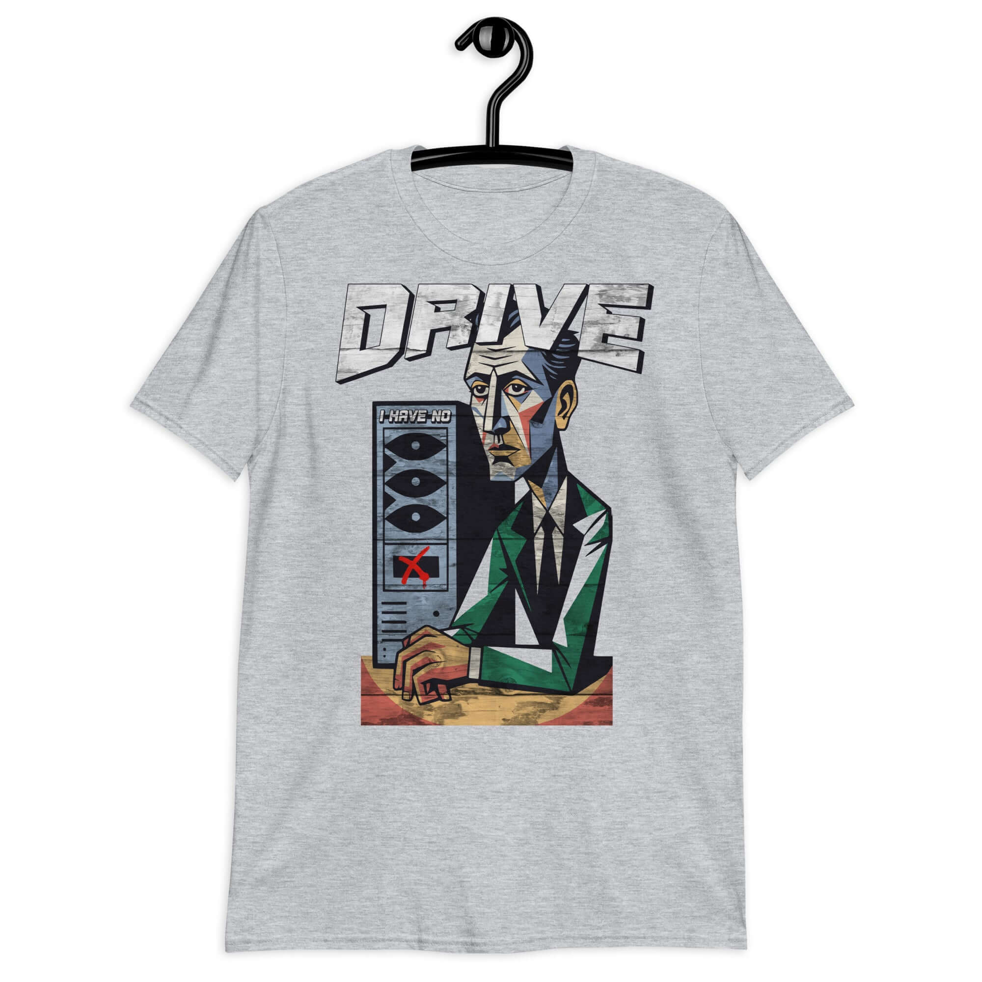 I Have No Drive T-Shirt featuring cubist art of a man with a computer tower, symbolizing storage and motivation crisis.