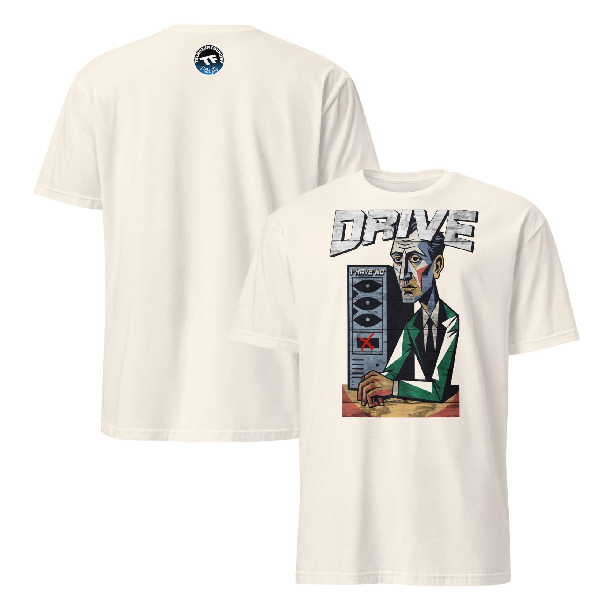 I Have No Drive T-Shirt featuring a cubist design blending computer storage and motivation crisis themes.