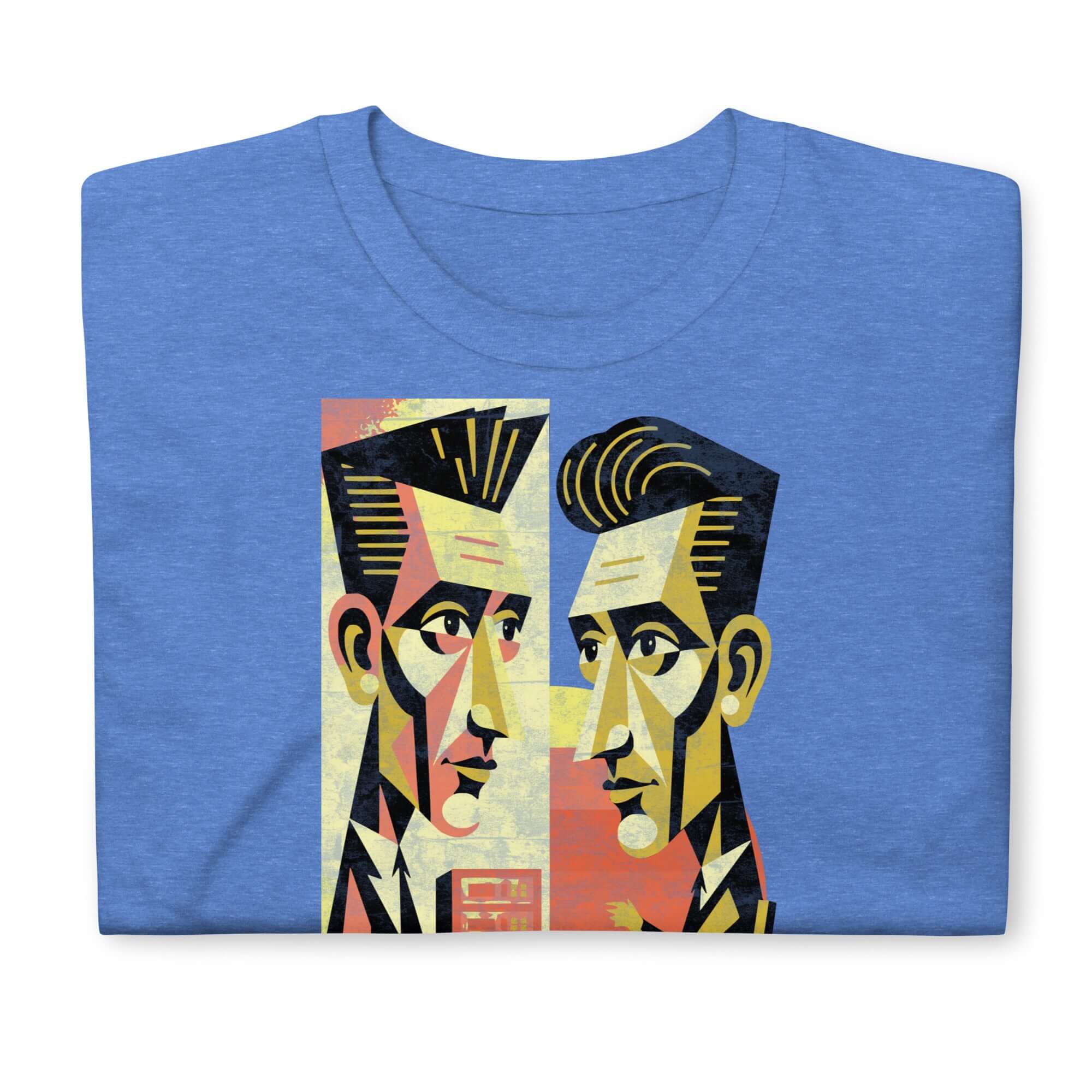 "I Have No Server" blue T-shirt with abstract faces design, IT and restaurant humor, showcasing dual-meaning crisis theme.