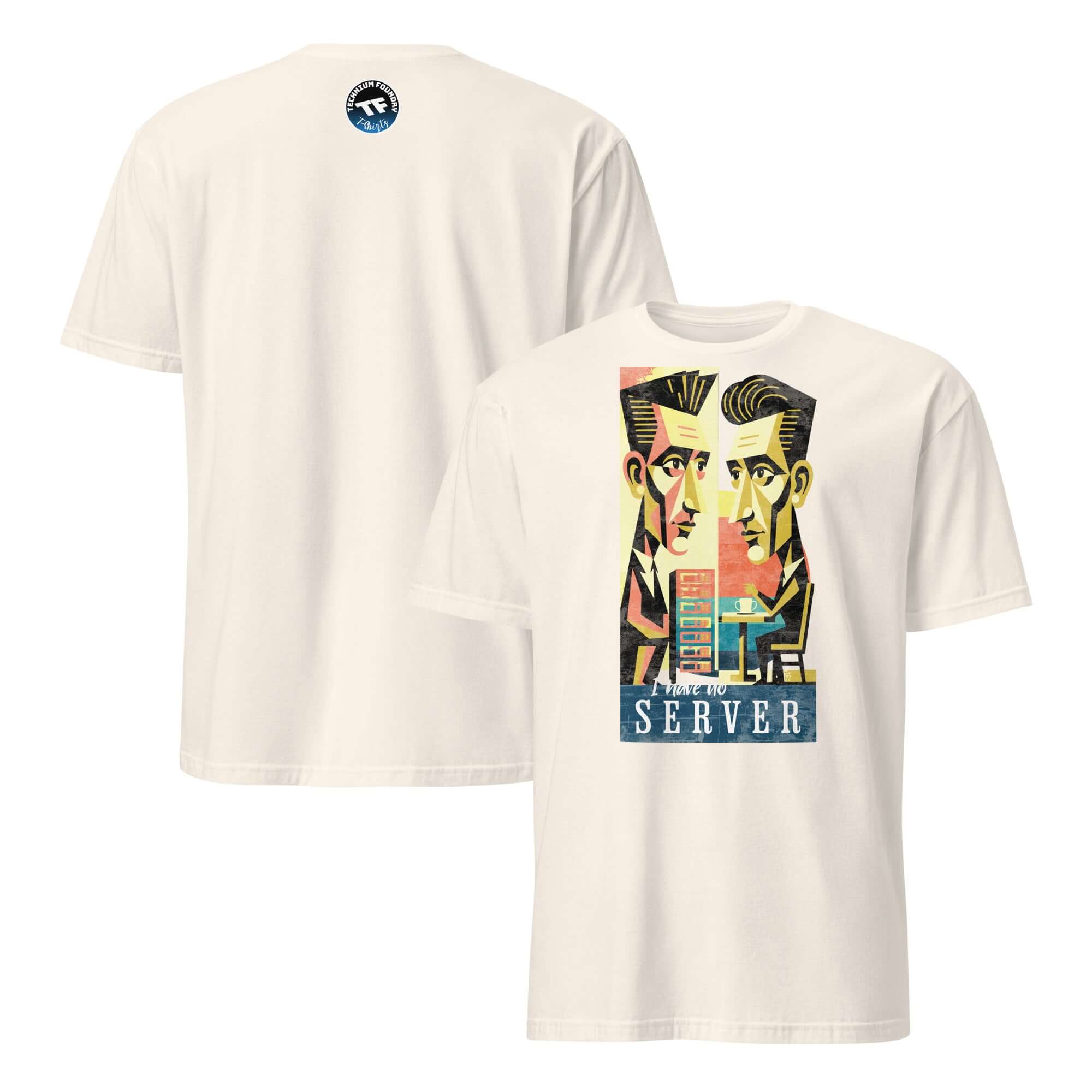 I Have No Server T-Shirt featuring dual-meaning humor for IT and restaurant industries, front and back design view.