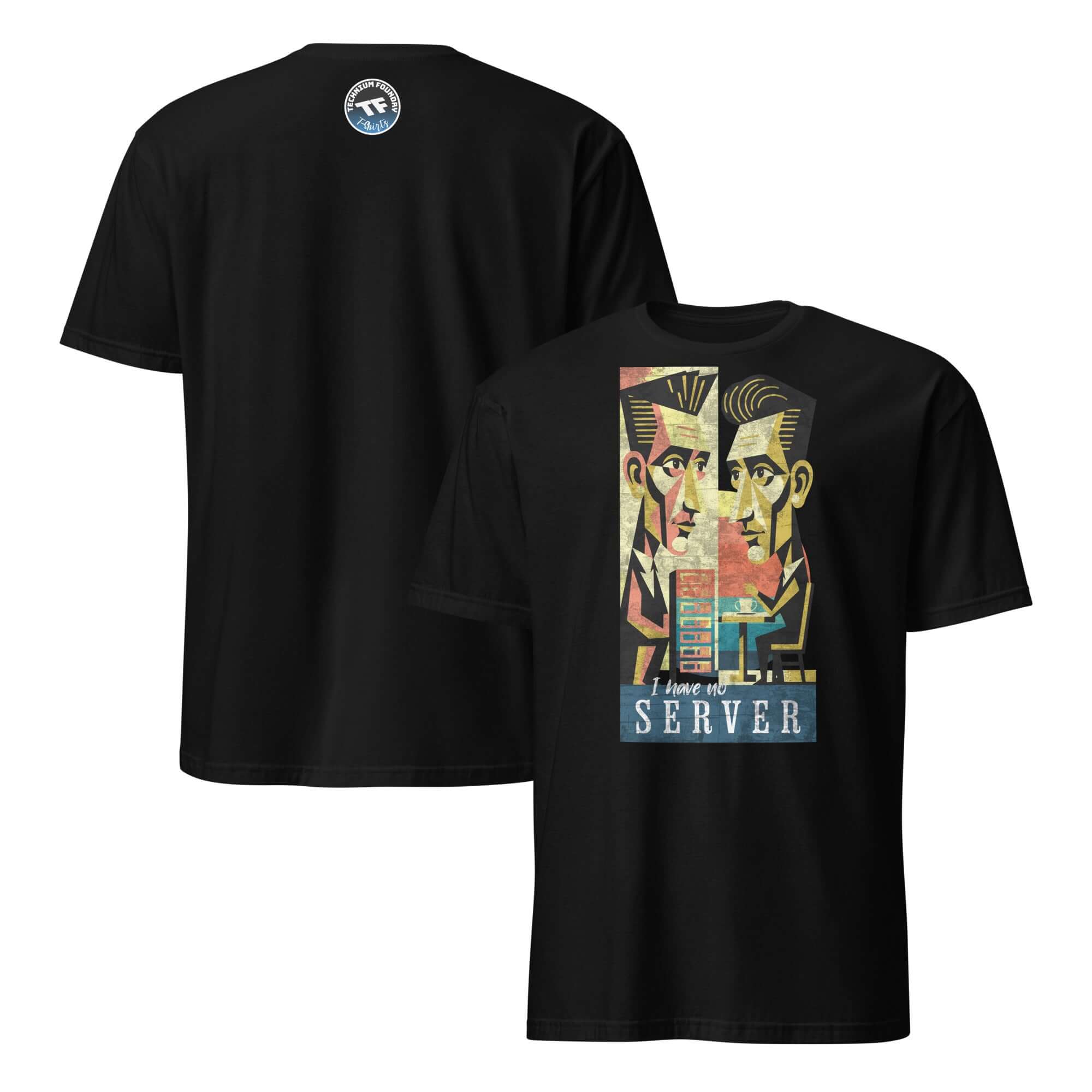 Black t-shirt with "I Have No Server" humor print, blending IT and restaurant industry themes, ideal for service professionals.