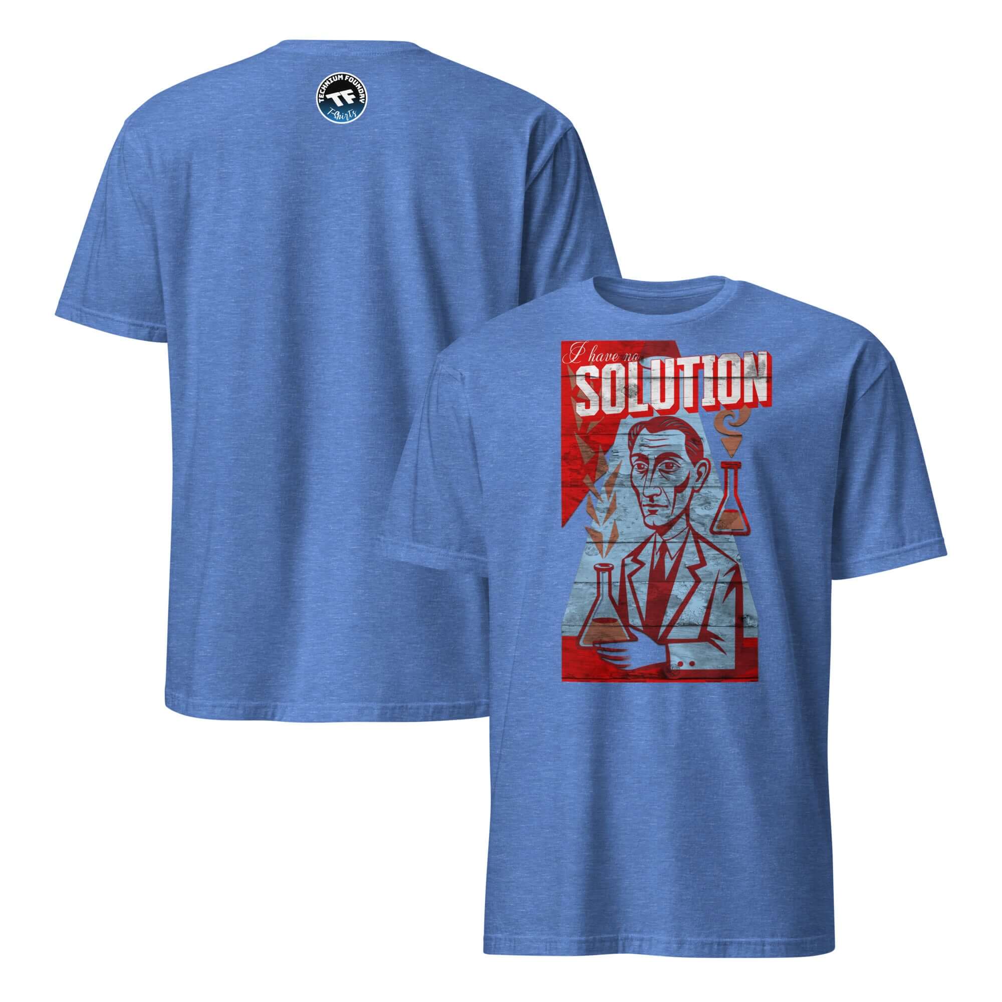 "I Have No Solution" chemistry t-shirt with Soviet-style lab graphic, blue color, front and back view.