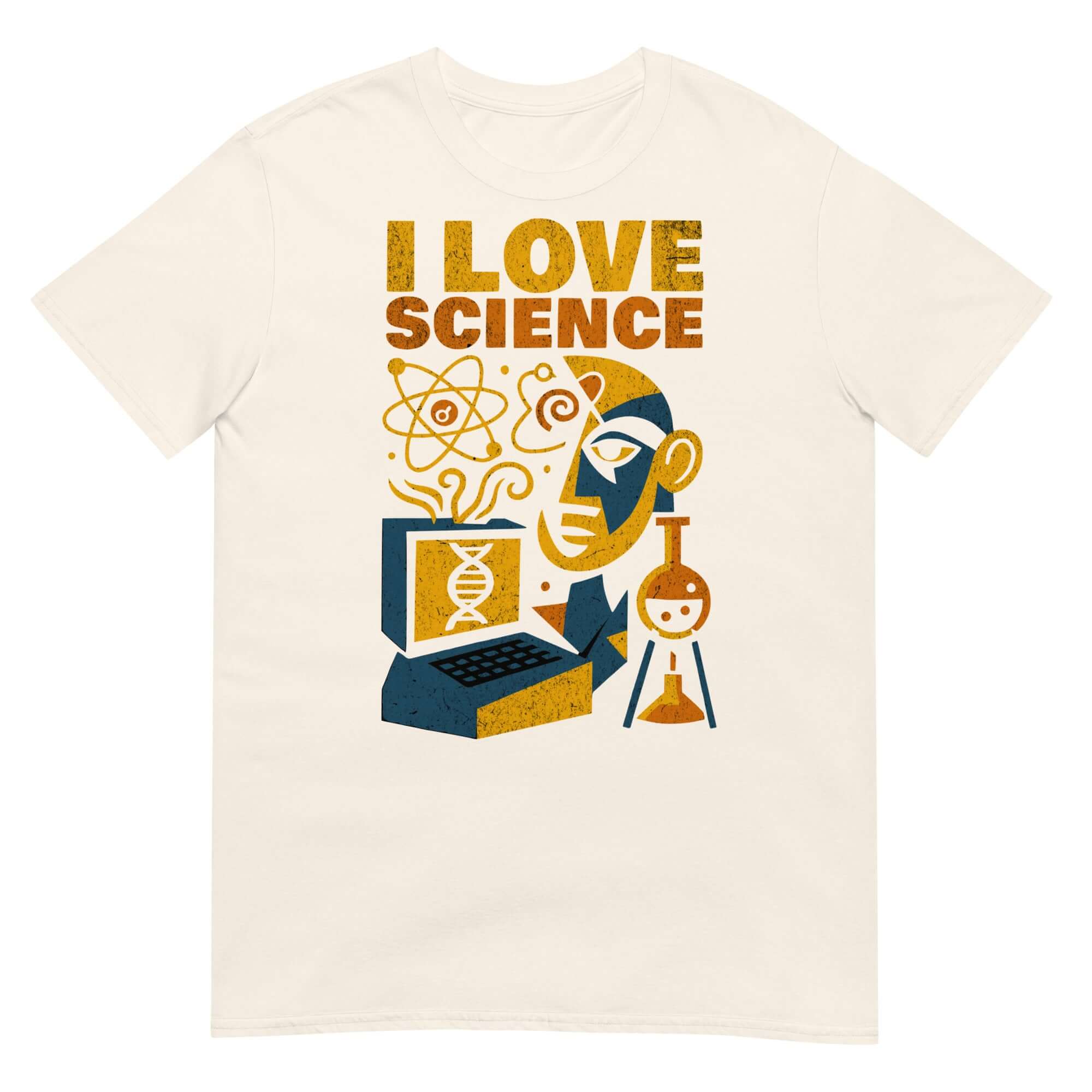 I Love Science T-Shirt featuring scientific symbols and a DNA strand, expressing passion for scientific inquiry and discovery.