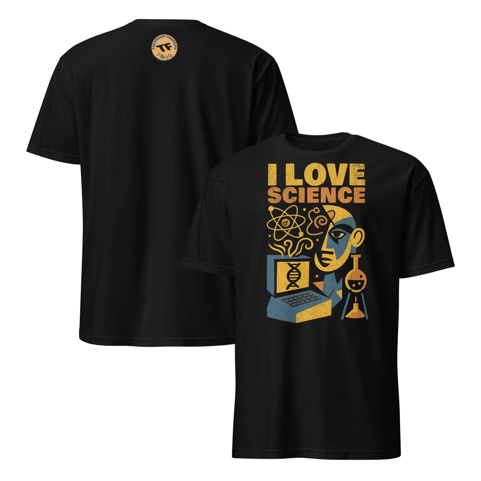 Black 'I Love Science' T-Shirt with scientific symbols and academic romance theme.