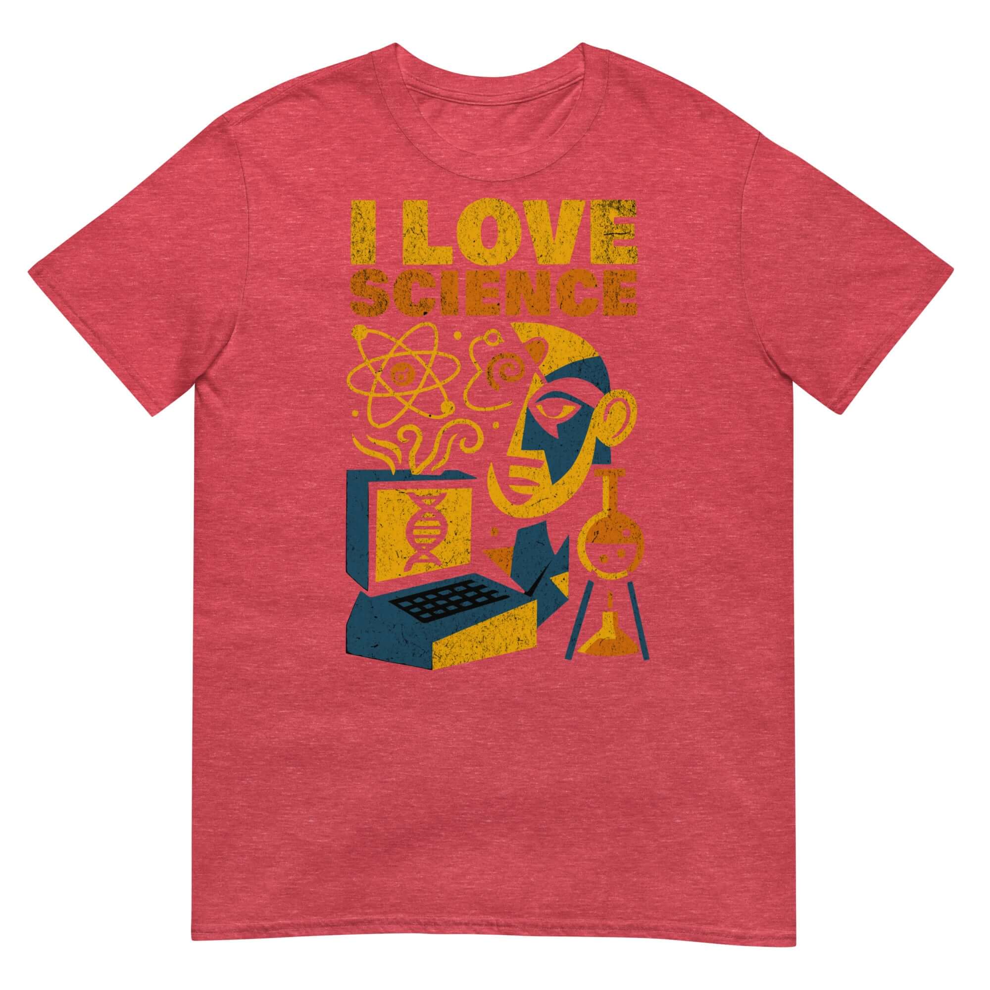 I Love Science T-Shirt with science-themed design, featuring atom and beaker illustrations, perfect for science enthusiasts.