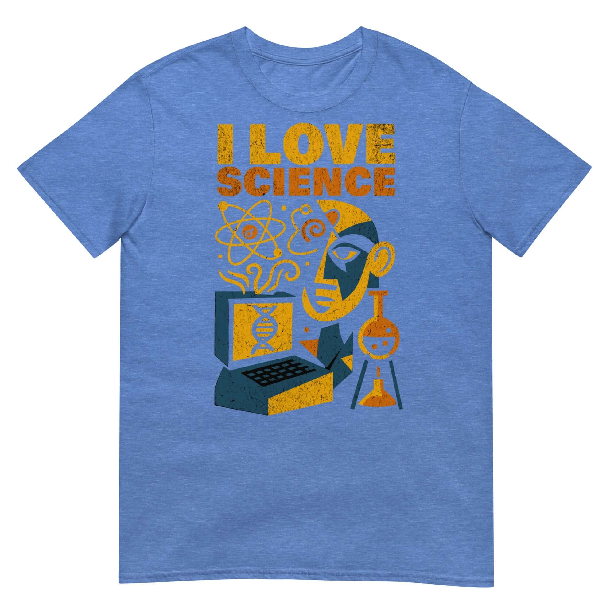 Blue 'I Love Science' t-shirt featuring scientific designs and bold text, perfect for science enthusiasts and academic romantics.