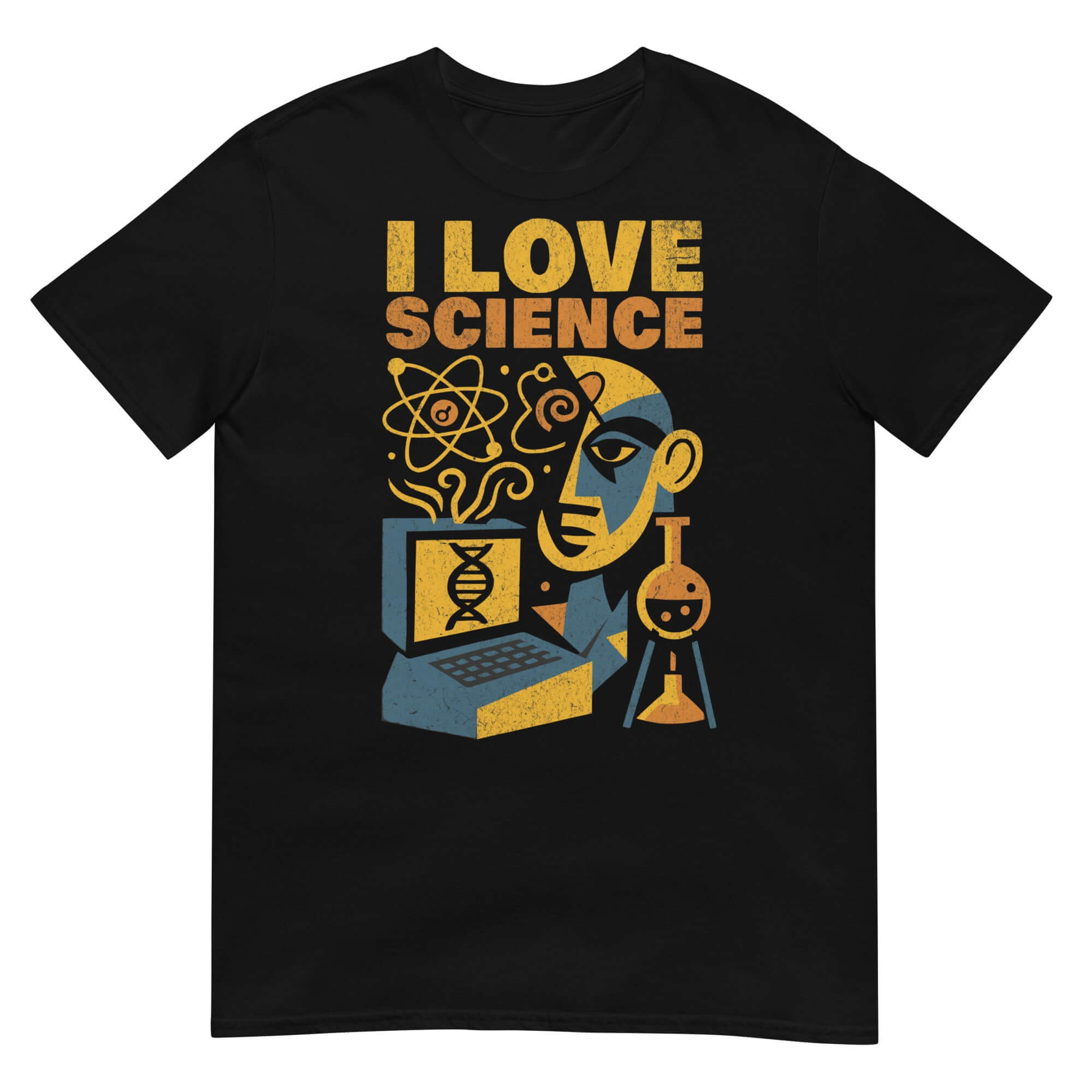 Black 'I Love Science' T-shirt with scientific graphics and text, ideal for science enthusiasts and romantic academics.
