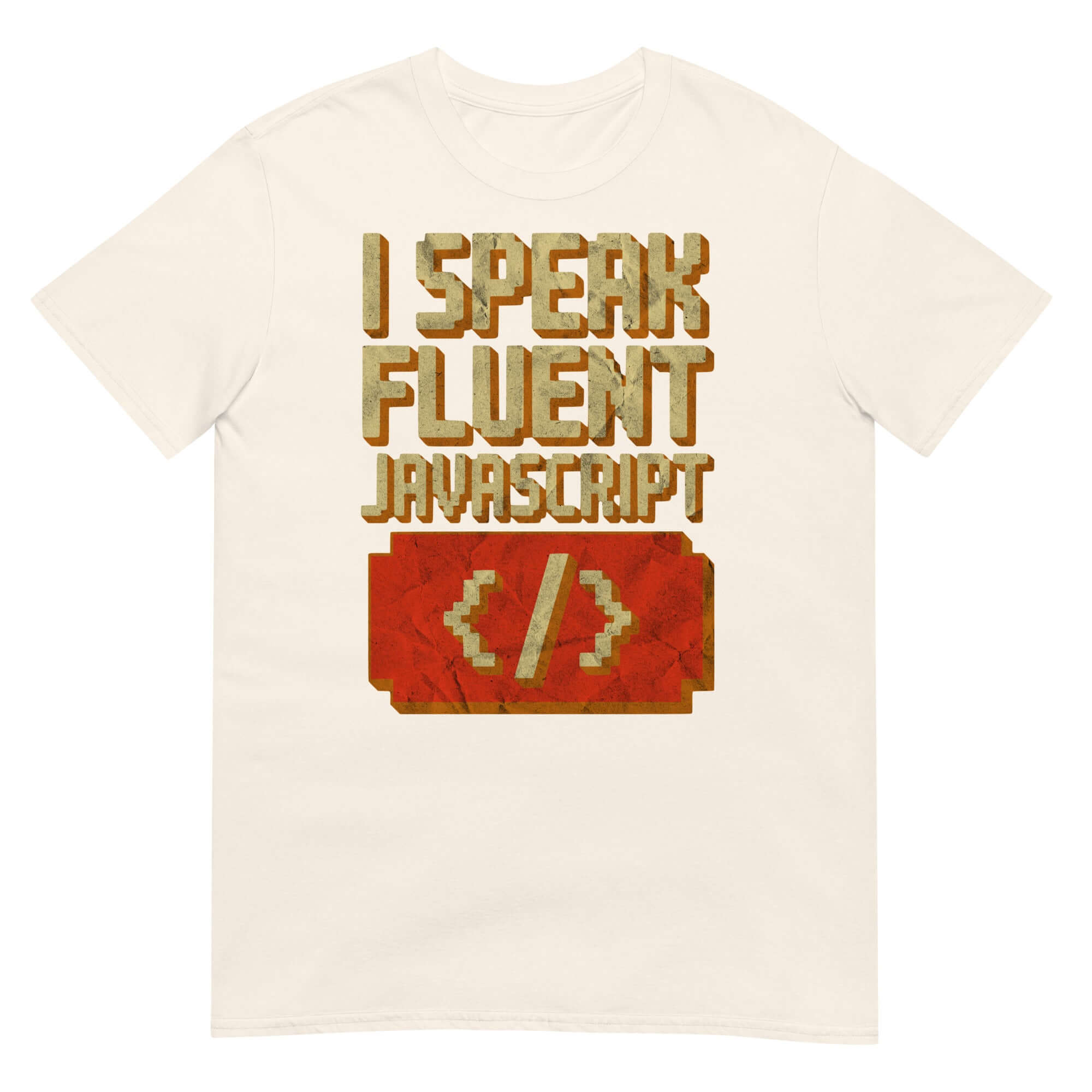 White T-shirt with 'I Speak Fluent JavaScript' text and code graphic, perfect for web developers and programming enthusiasts.