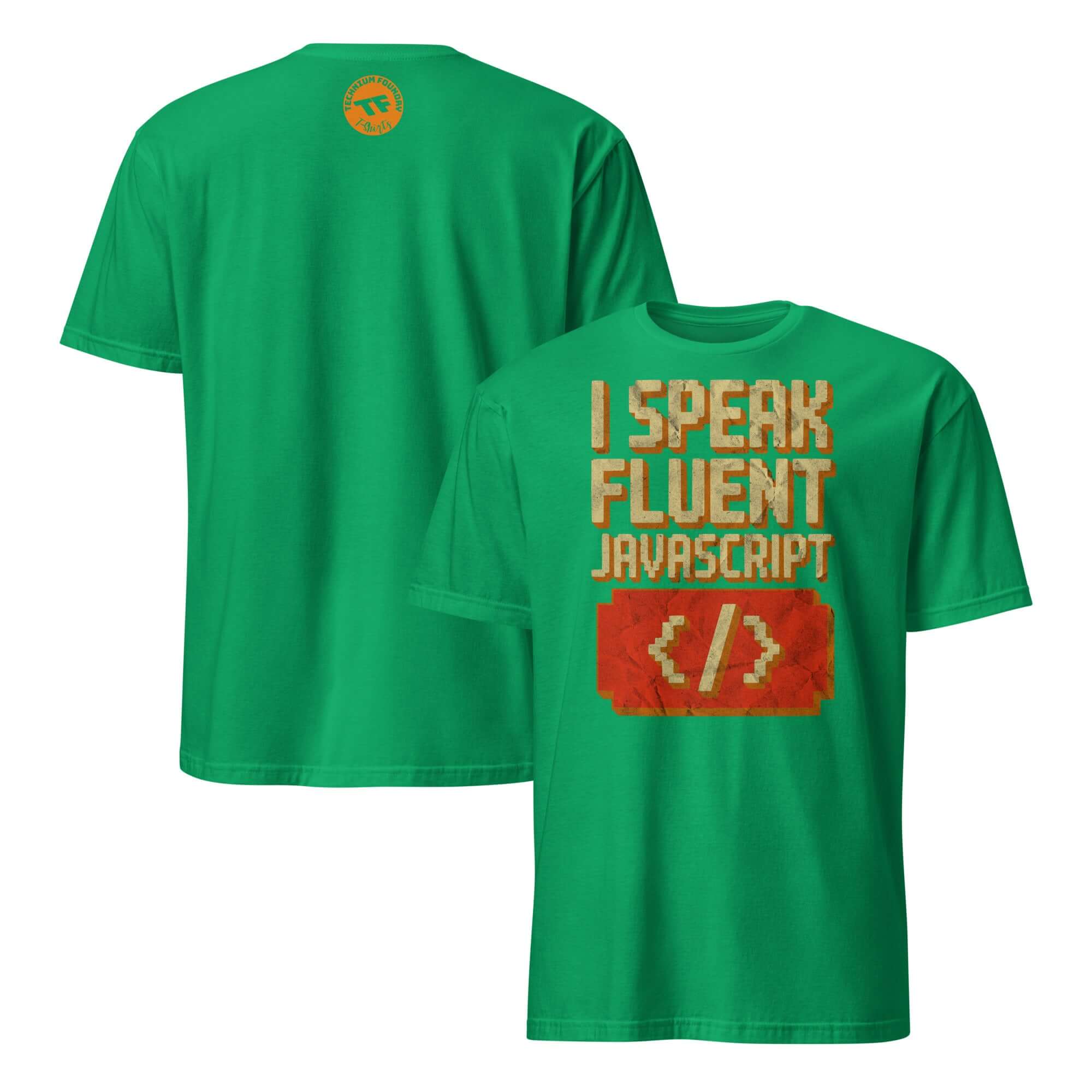 "I Speak Fluent JavaScript" T-shirt for web developers, featuring humorous programming design in green with code symbols.