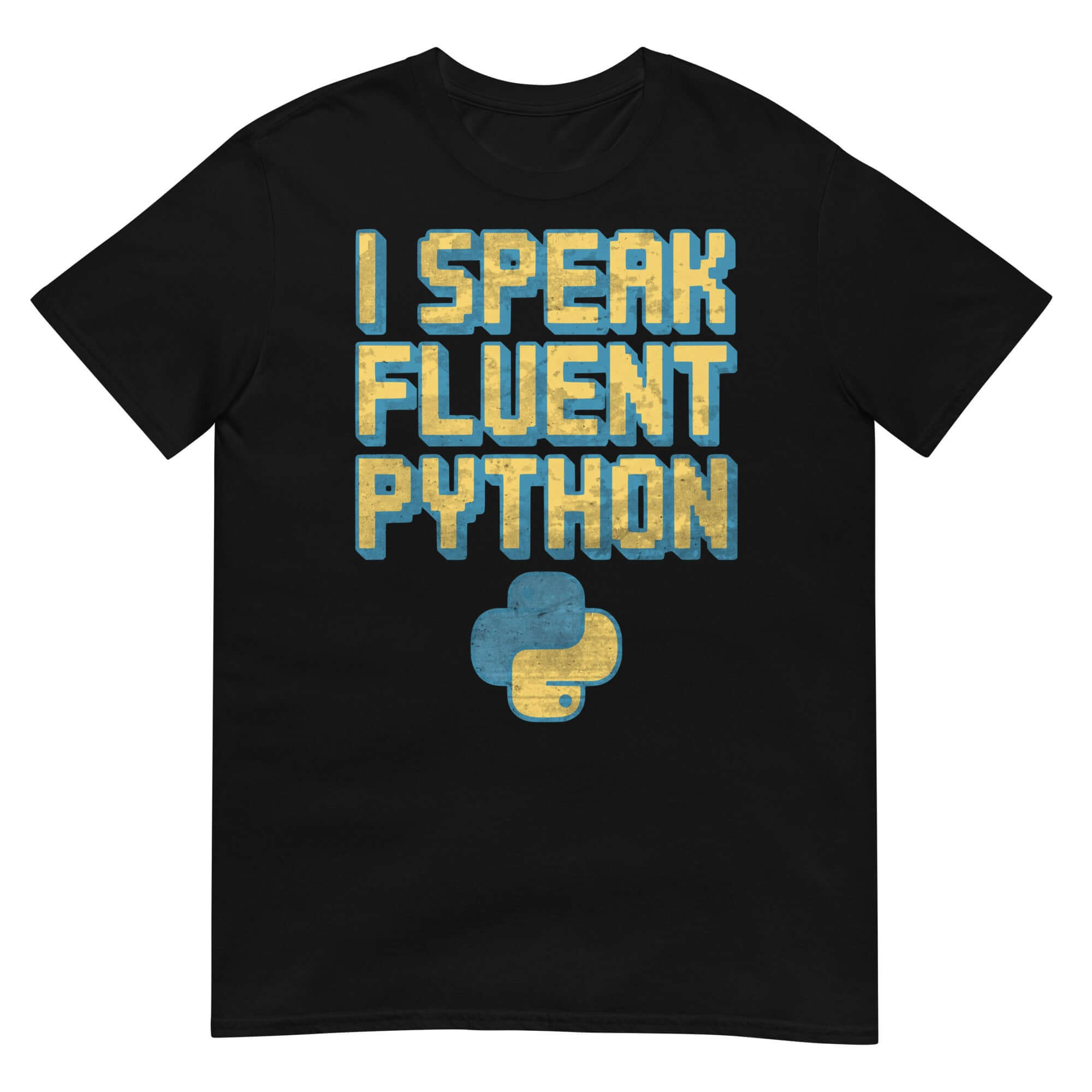 "I Speak Fluent Python" T-shirt for Python developers, featuring programming humor and serpentine coding design.