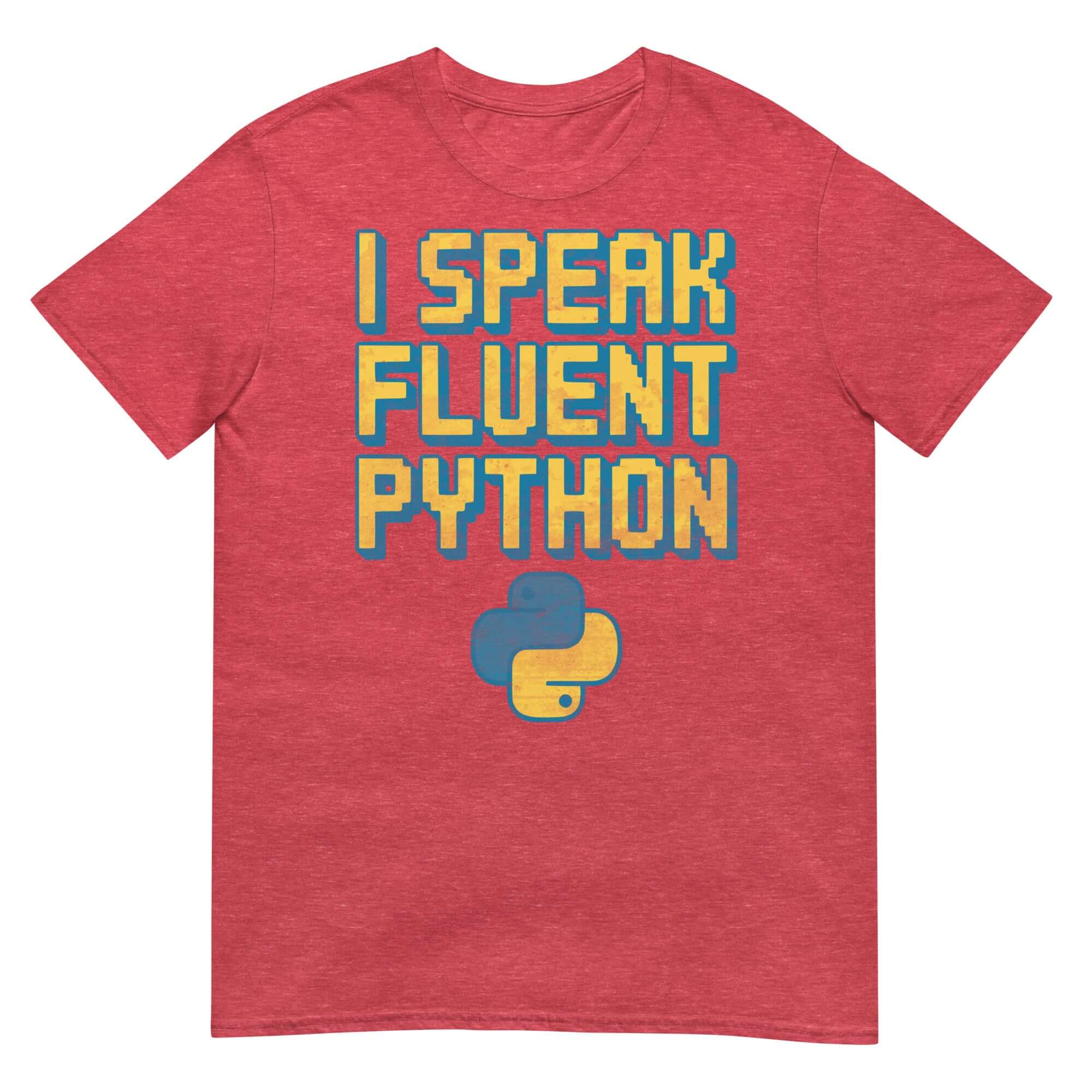 I Speak Fluent Python T-Shirt in red, features Python logo, humor apparel for coding enthusiasts and developers.