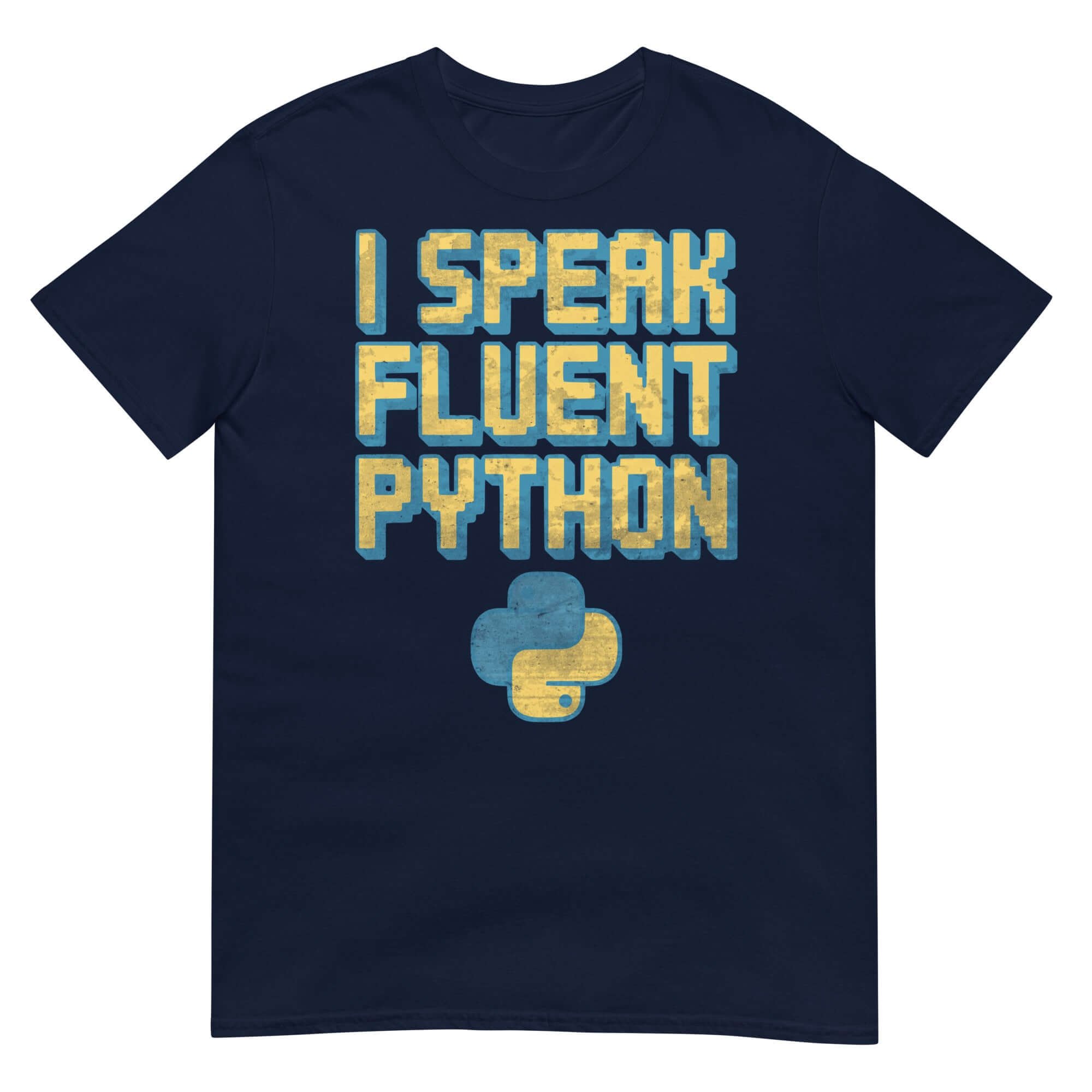 Navy blue t-shirt with "I Speak Fluent Python" text and Python logo, ideal for developers and programming humor enthusiasts.