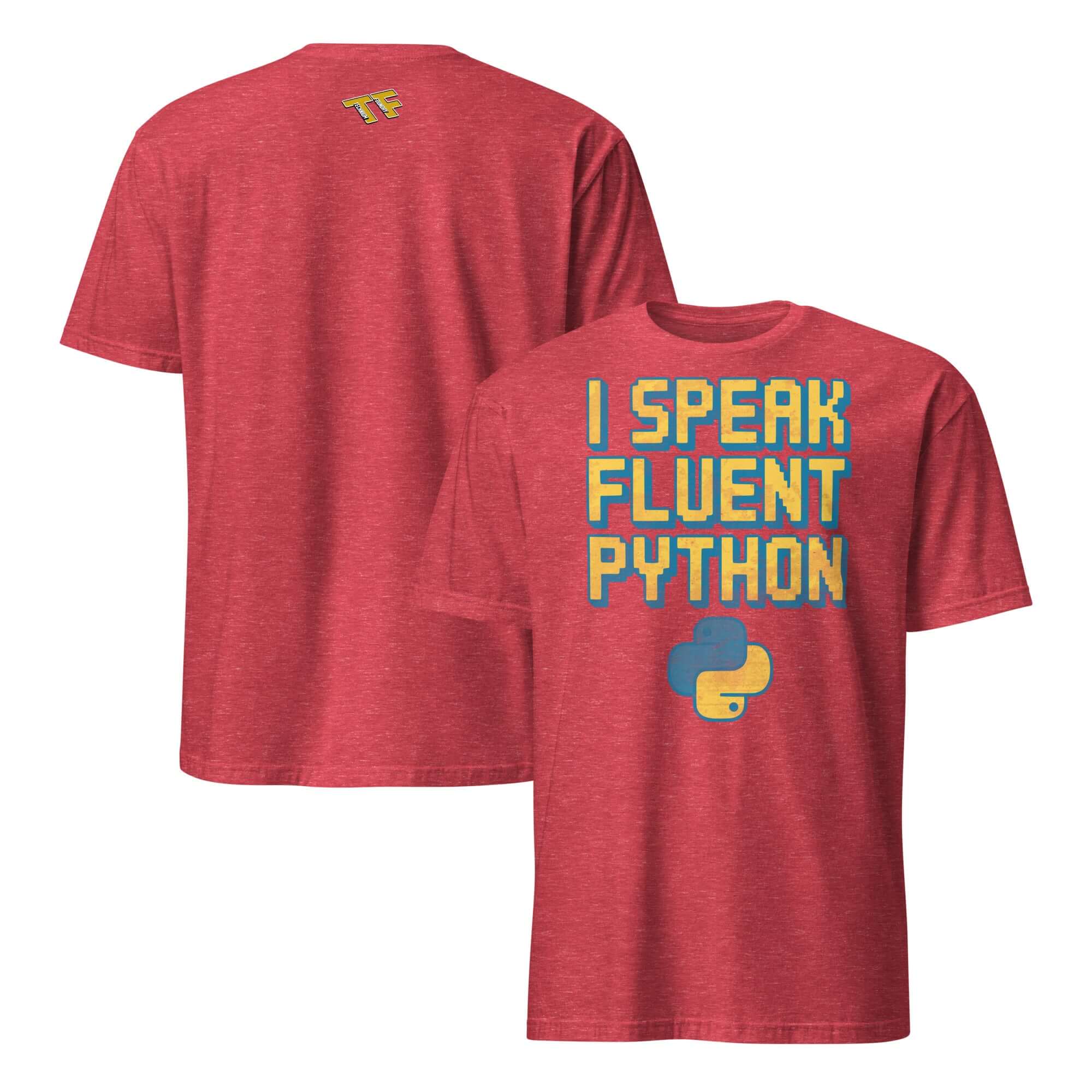 Red T-shirt with 'I Speak Fluent Python' message, ideal for programming enthusiasts and Python developers, featuring Python logo.