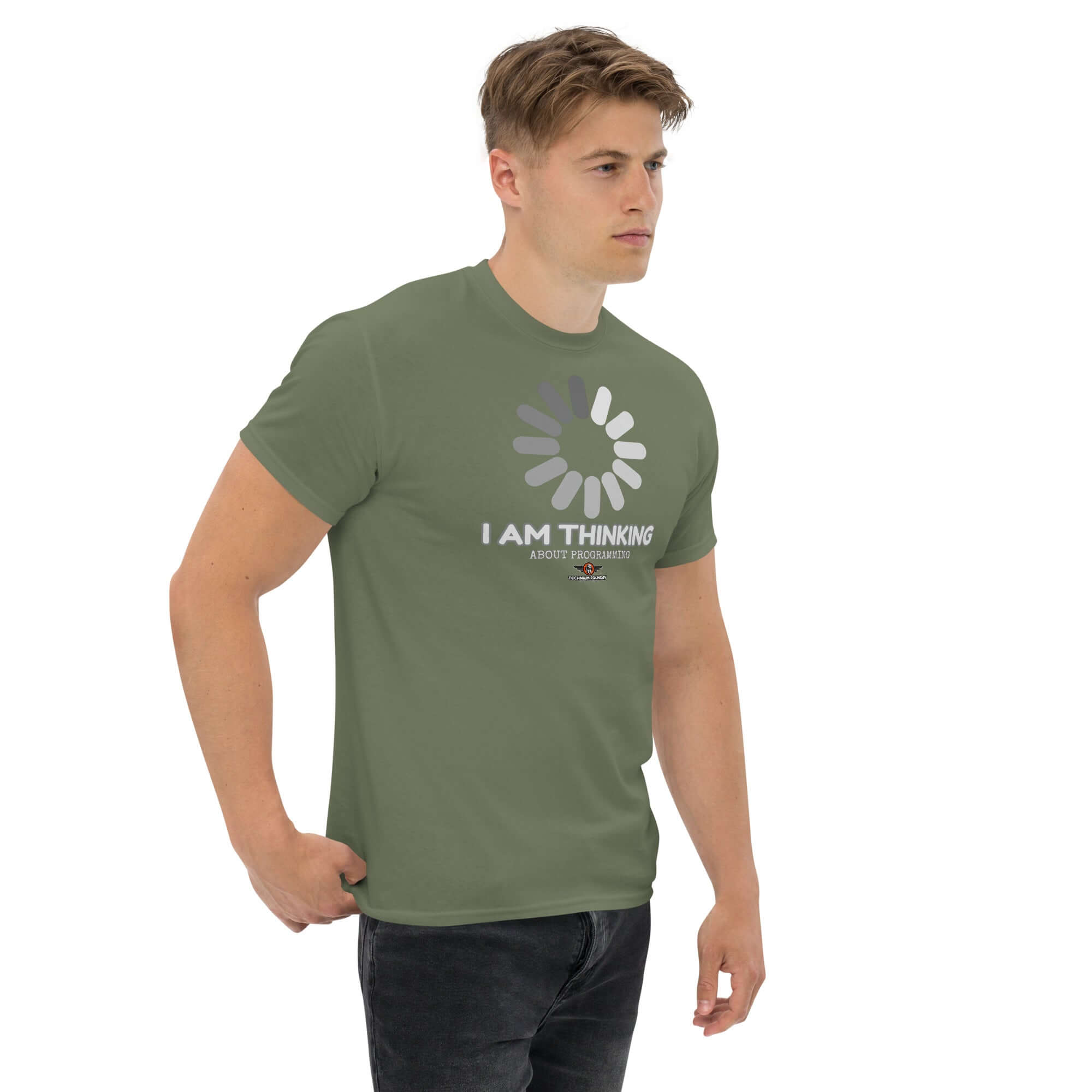 Olive green t-shirt with 'I Am Thinking About Programming' and loading graphic, humorously depicting mental buffering for coding fans.