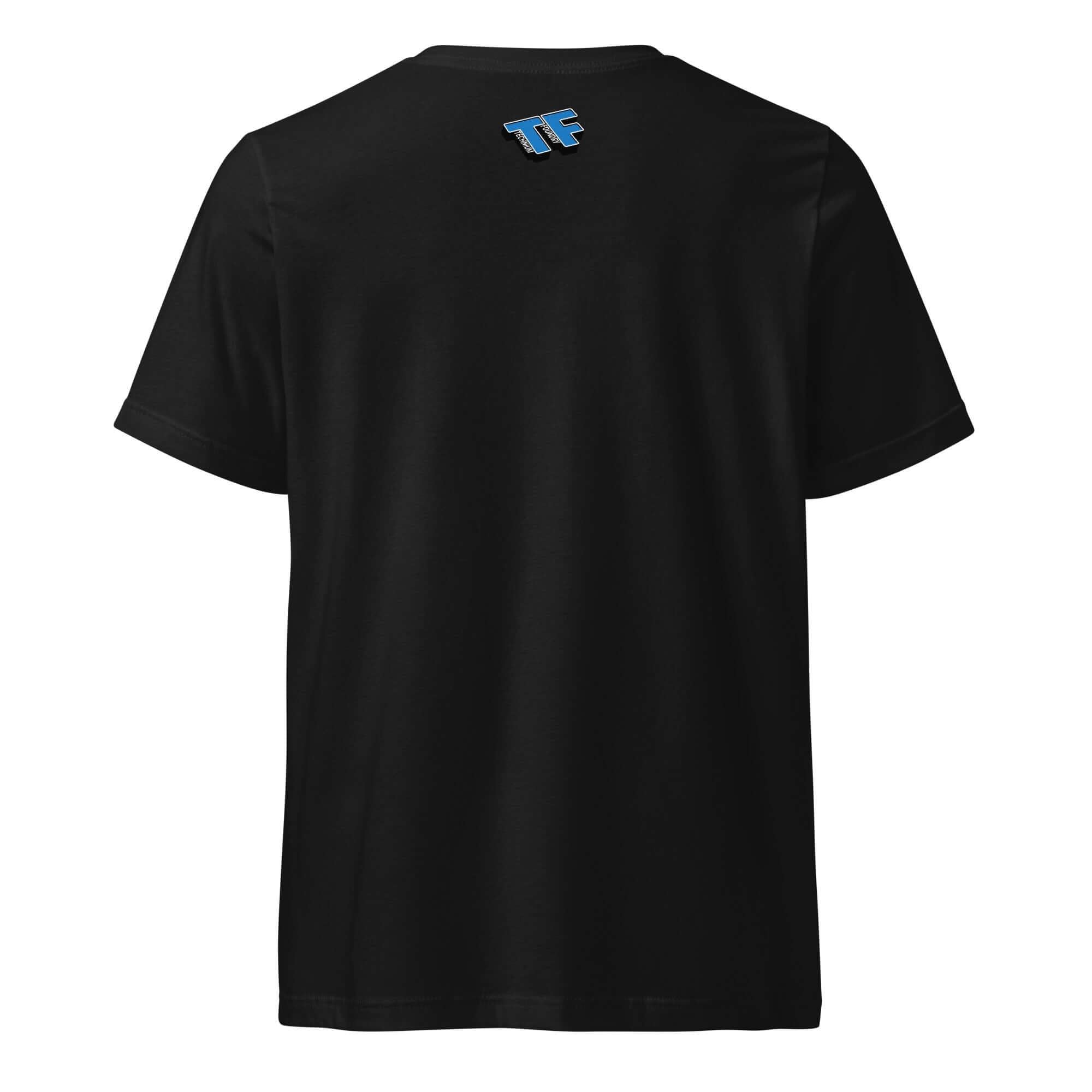 Back view of a black 'Insomnia T-Shirt' featuring a small blue logo, designed for the Midnight Thoughts Hosting Marathon.