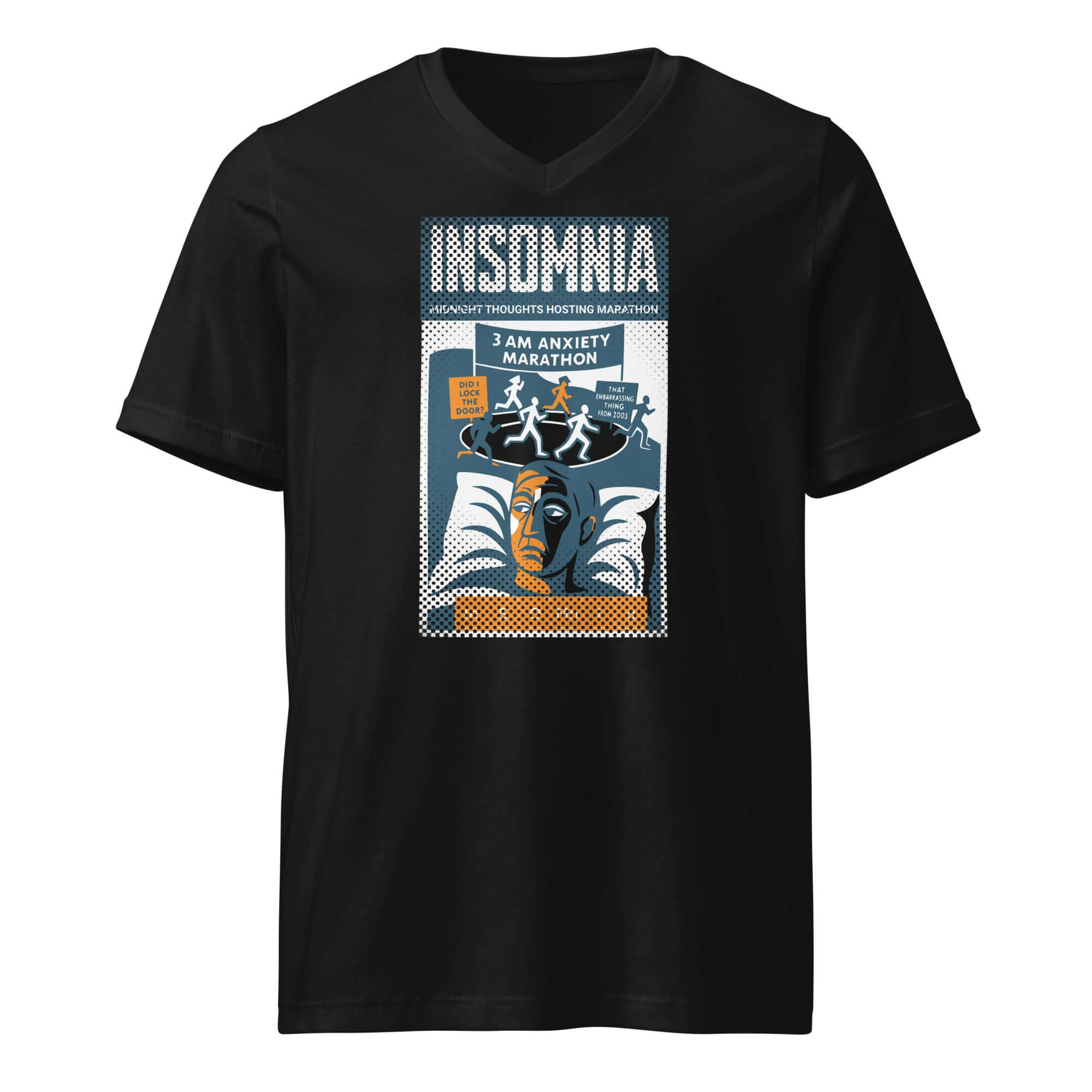 Black Insomnia T-Shirt featuring 'Midnight Thoughts Hosting Marathon' vintage poster design with an anxious night theme.