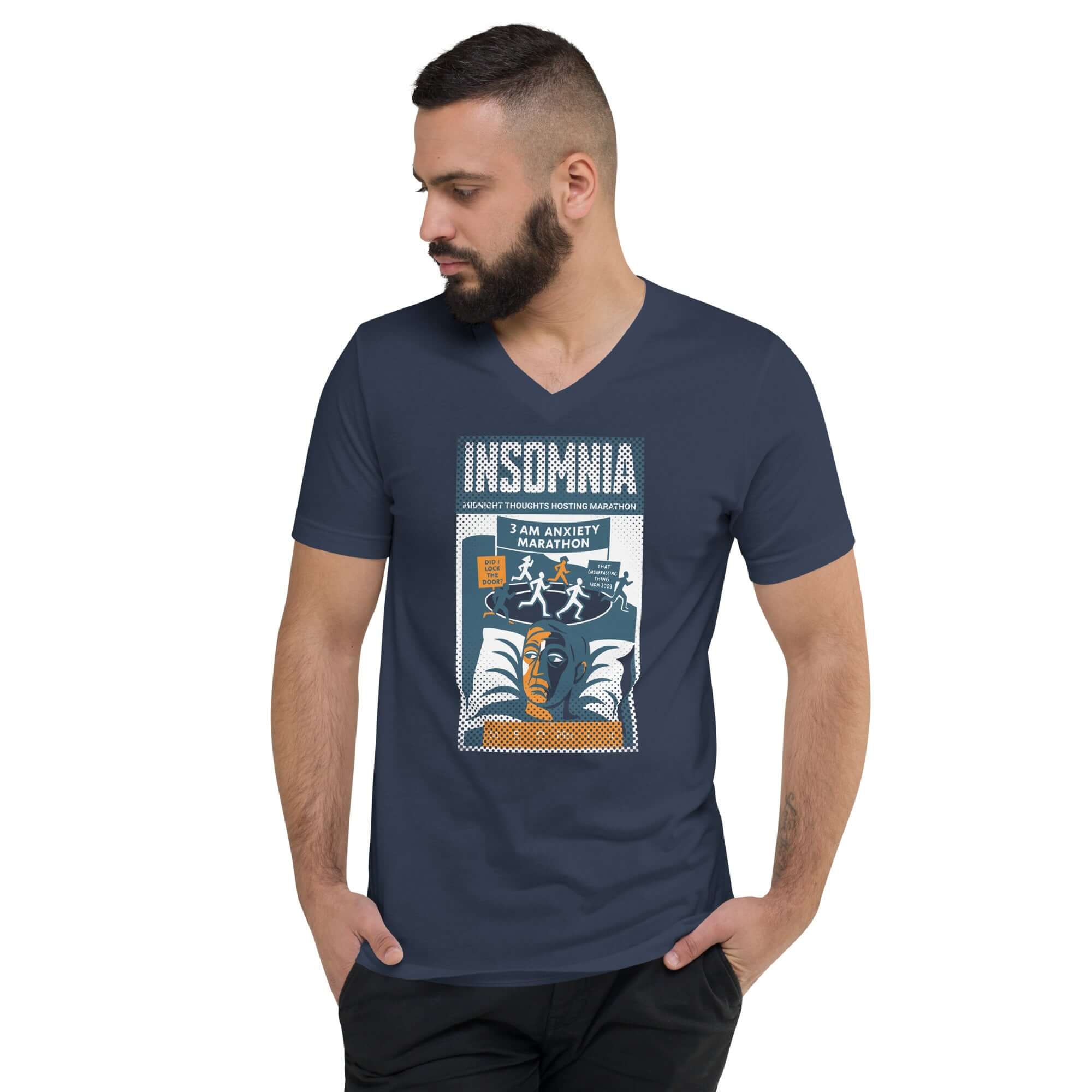 Man wearing Insomnia T-Shirt with vintage 'Midnight Thoughts Hosting Marathon' poster design, symbolizing nocturnal anxiety.