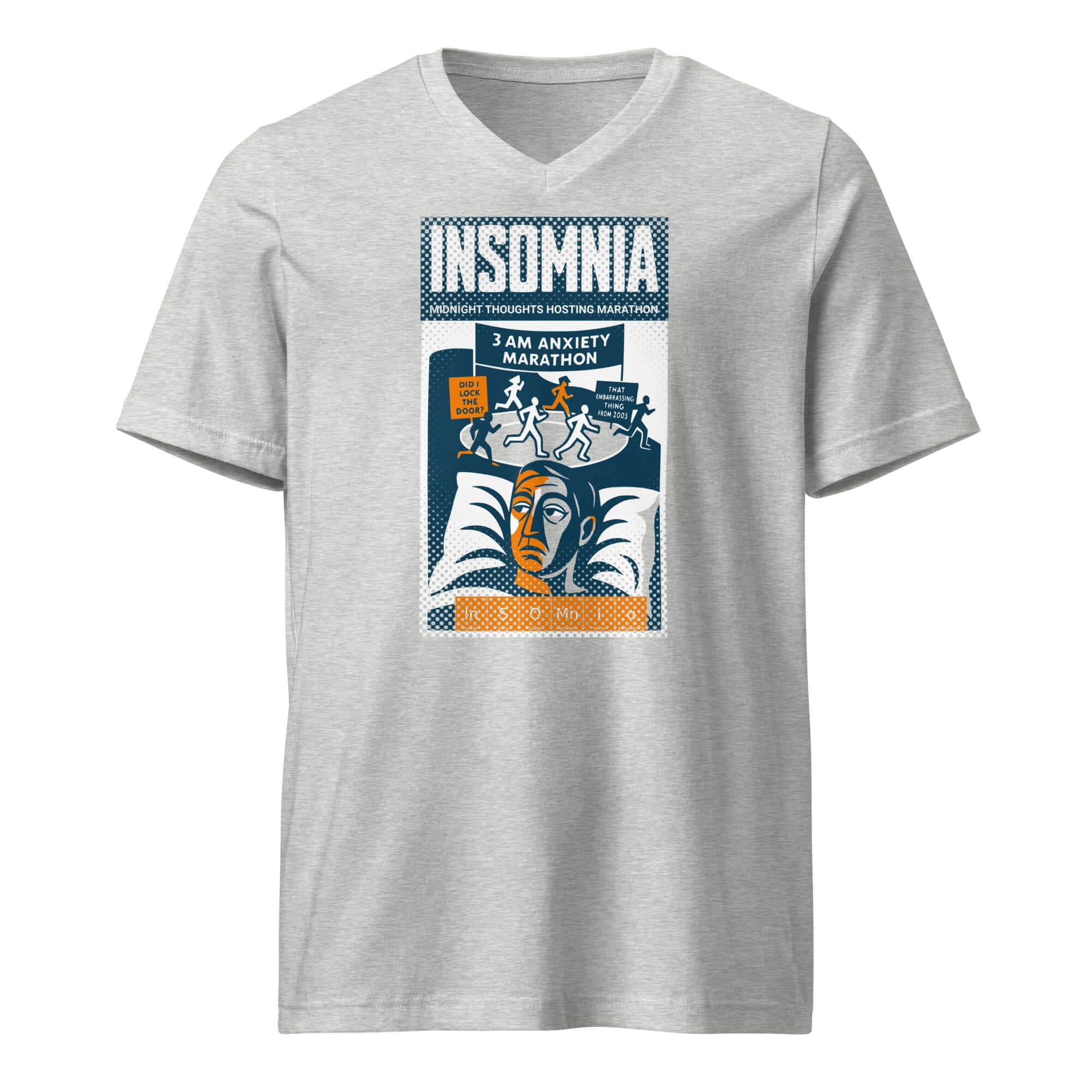 Grey t-shirt featuring a vintage poster design with text 'Insomnia: Midnight Thoughts Hosting Marathon' and anxious figure in bed.