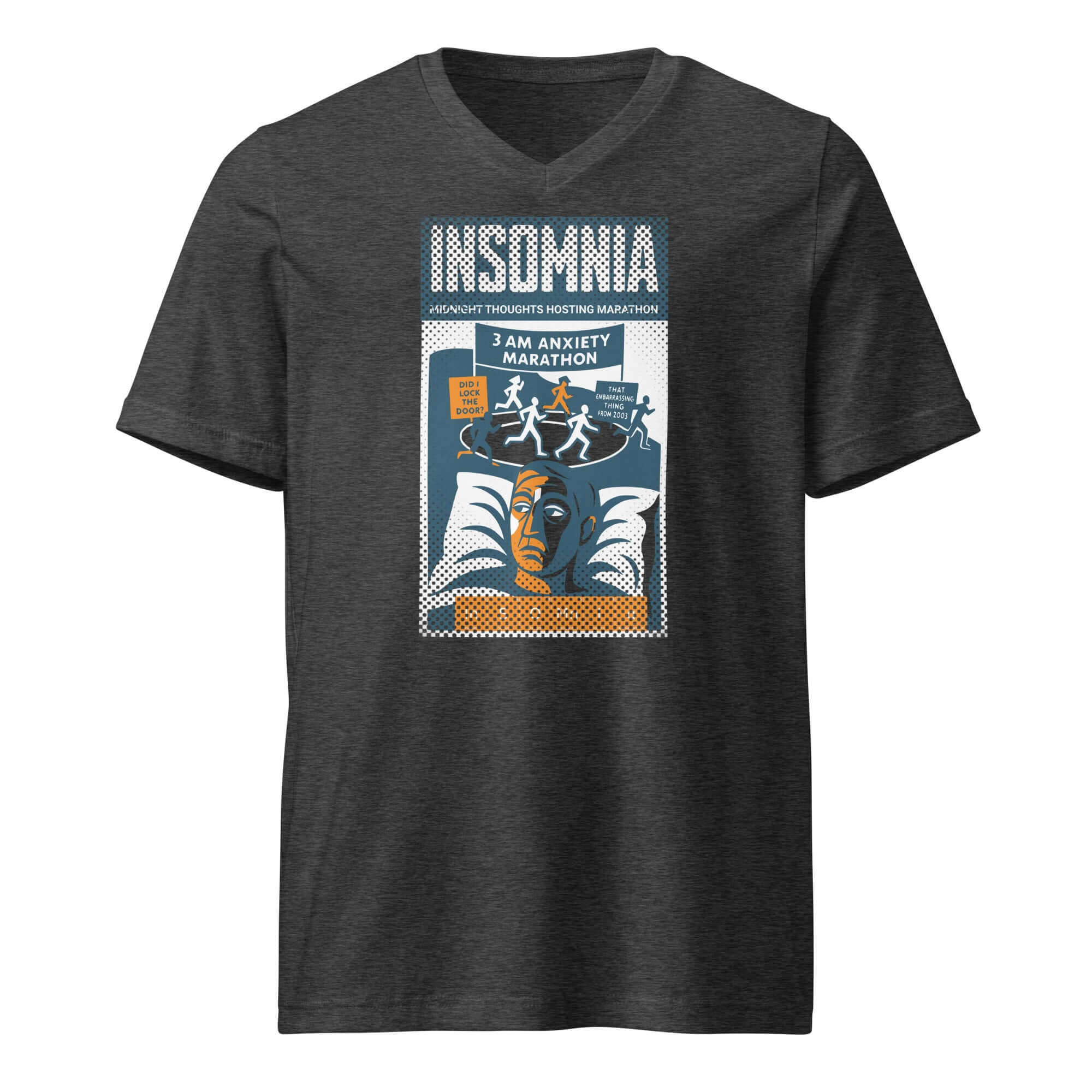 Insomnia T-Shirt with Midnight Thoughts Hosting Marathon vintage poster design showcasing anxiety theme.