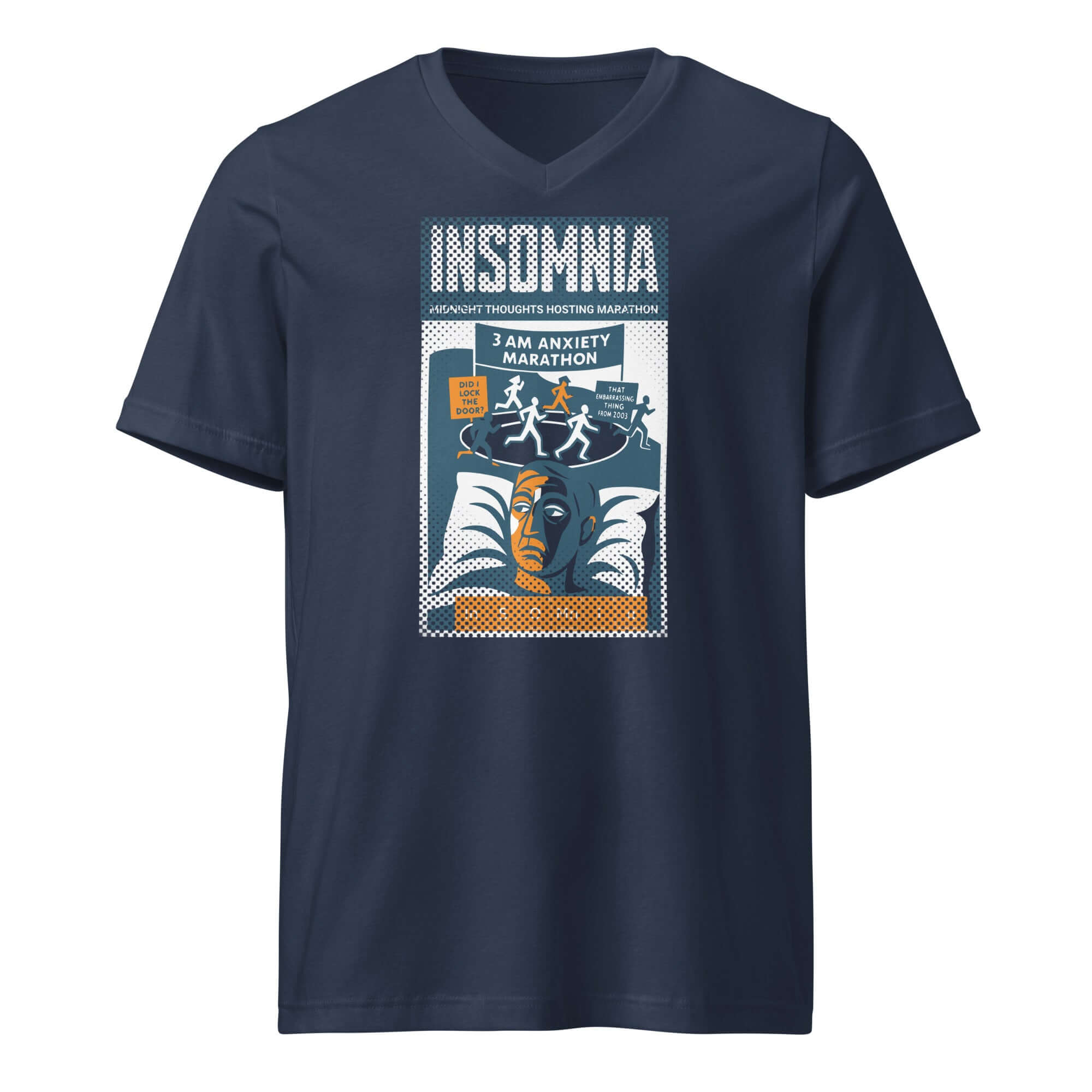 Insomnia T-Shirt featuring 'Midnight Thoughts Hosting Marathon' vintage poster design with humorous text about anxiety.