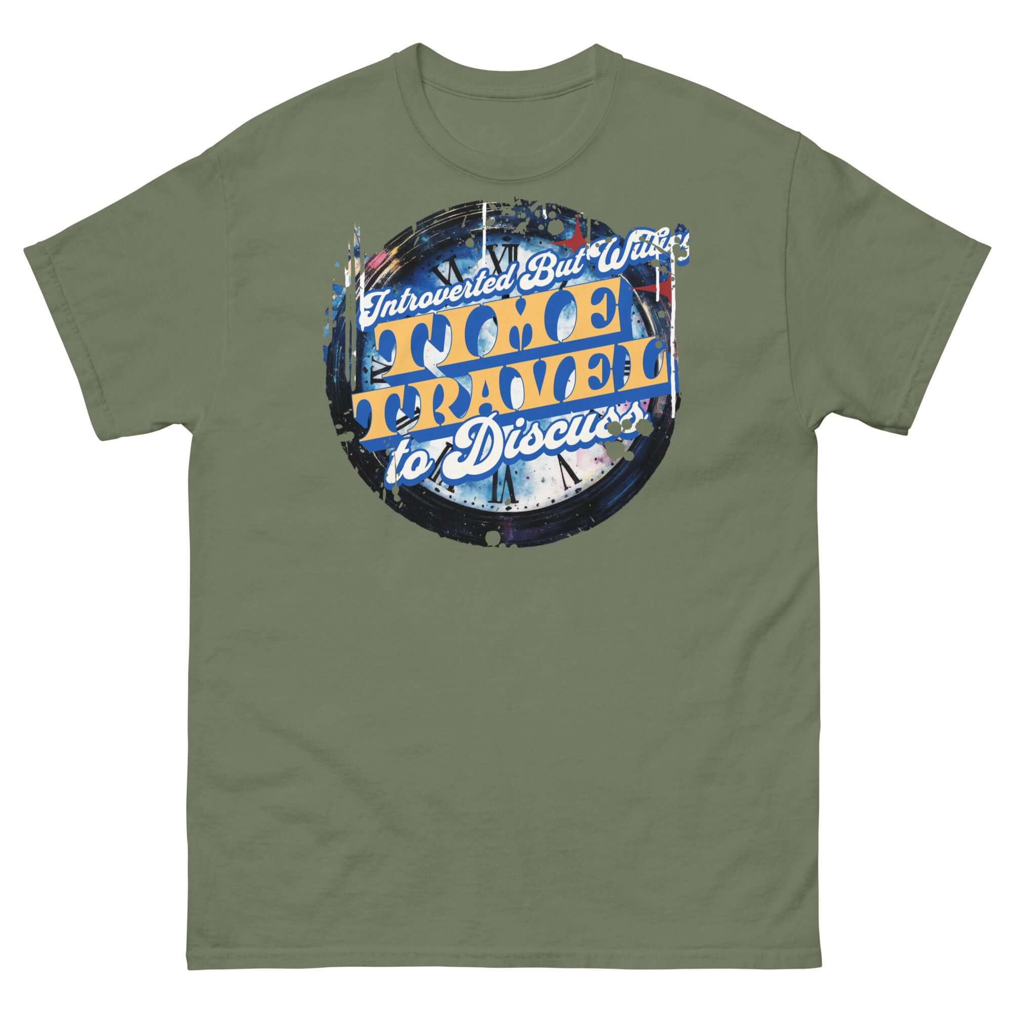 Introverted Time Travel T-Shirt with vintage clock design and humorous text, ideal for physics enthusiasts.
